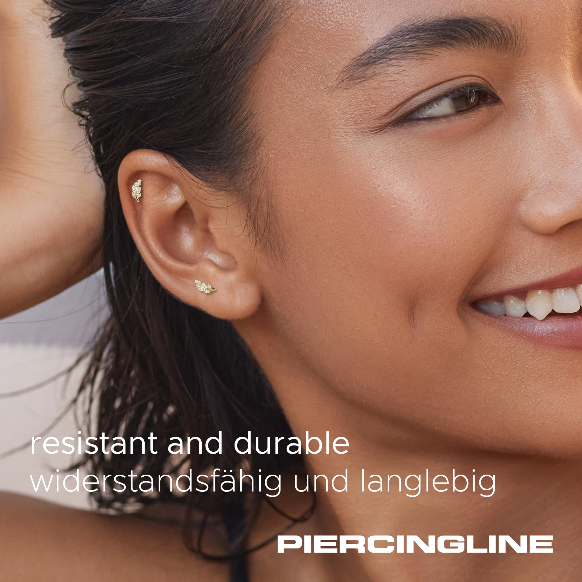 PIERCINGLINE 14 Karat oder 18 Karat Gold Ohrpiercing mit MOISSANIT-BLATT Piercing Tragus Helix Conch