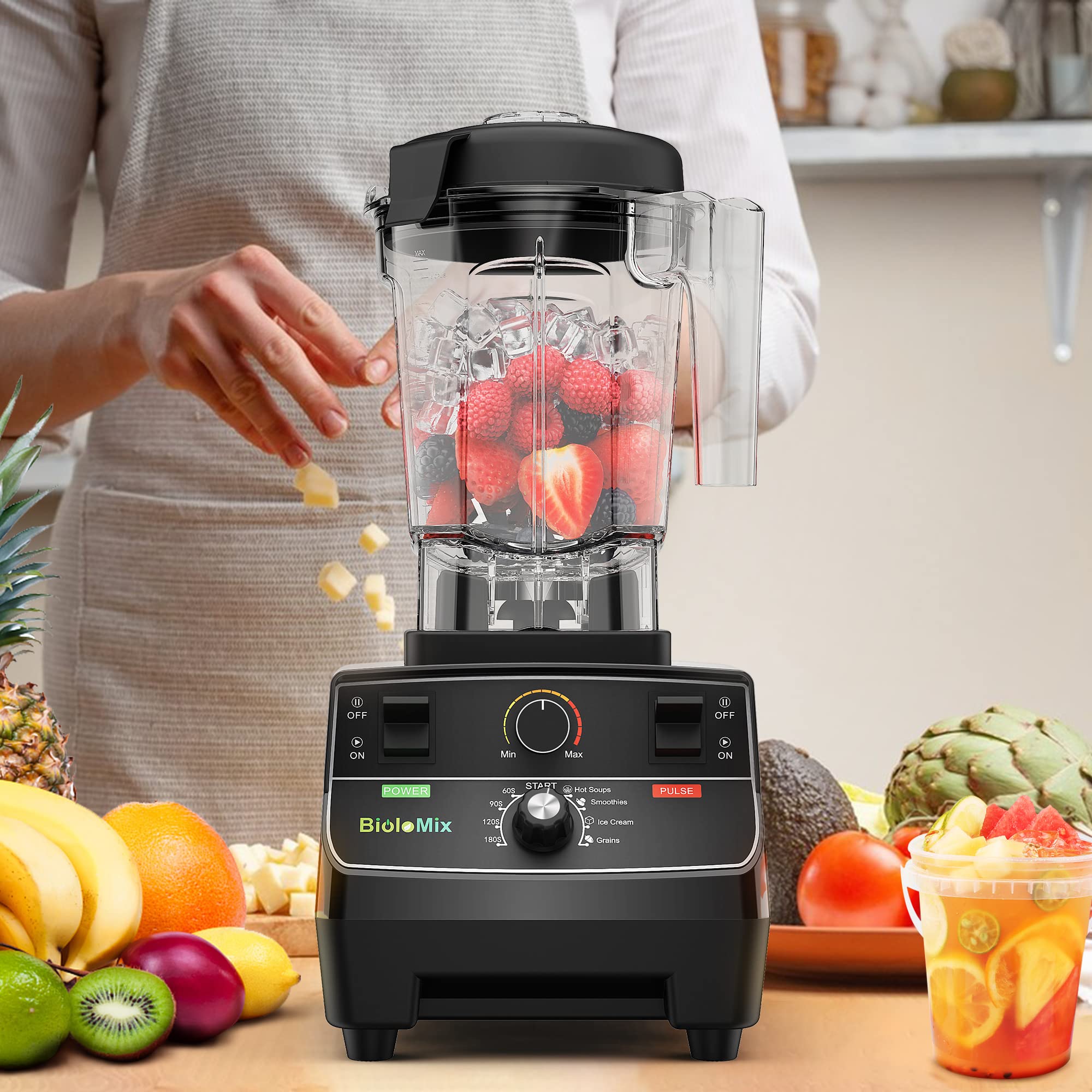 BioloMix Batidora de alto rendimiento de 2200W, | Función de autolimpieza, recipiente de 2 L y vaso de viaje de 600 ml, sin BPA