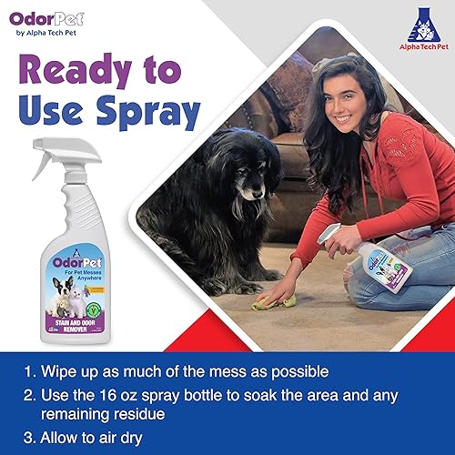 Miniatura 4 de OdorPet Alpha Tech Pet - Eliminador de olores y manchas para mascotas limpiador de alfombras botella de spray para mascotas 16 onzas lavanda