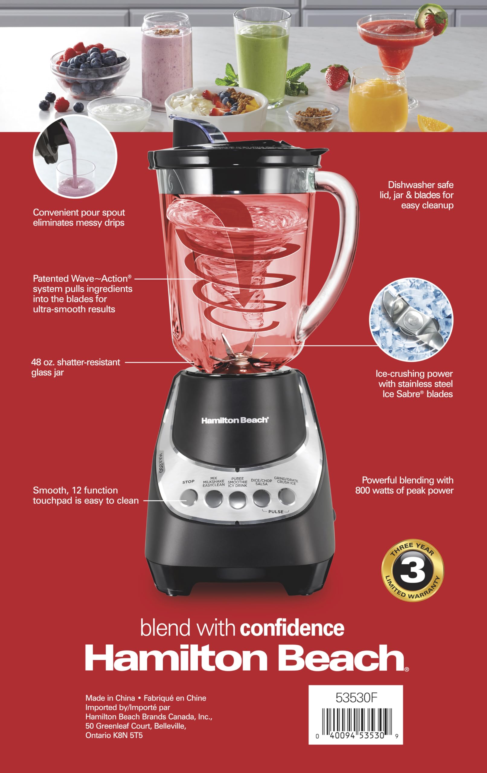 Wave Action Quiet Blender - 48 oz. Glass Jar - 12 Blending Functions - Black - Countertop Blender - Blade Material: Stainless Steel - 800 Watts