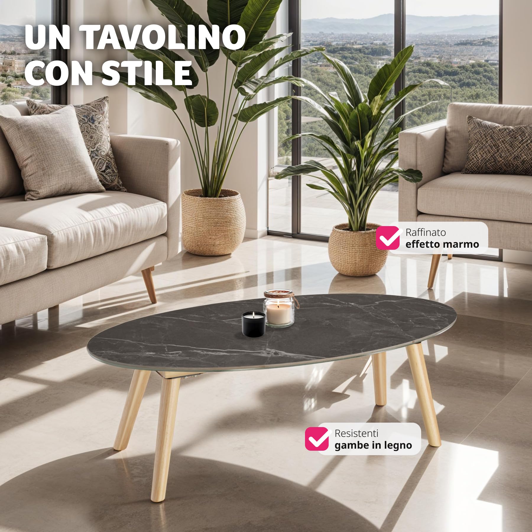 tectake® Tavolino da Salotto, Tavolo da Giardino, Tavolo da Caffè Ovale per Interno ed Esterno, Tavolino Effetto Marmo con Gambe in Legno Massiccio, 100x50x34,5 cm - Naturale