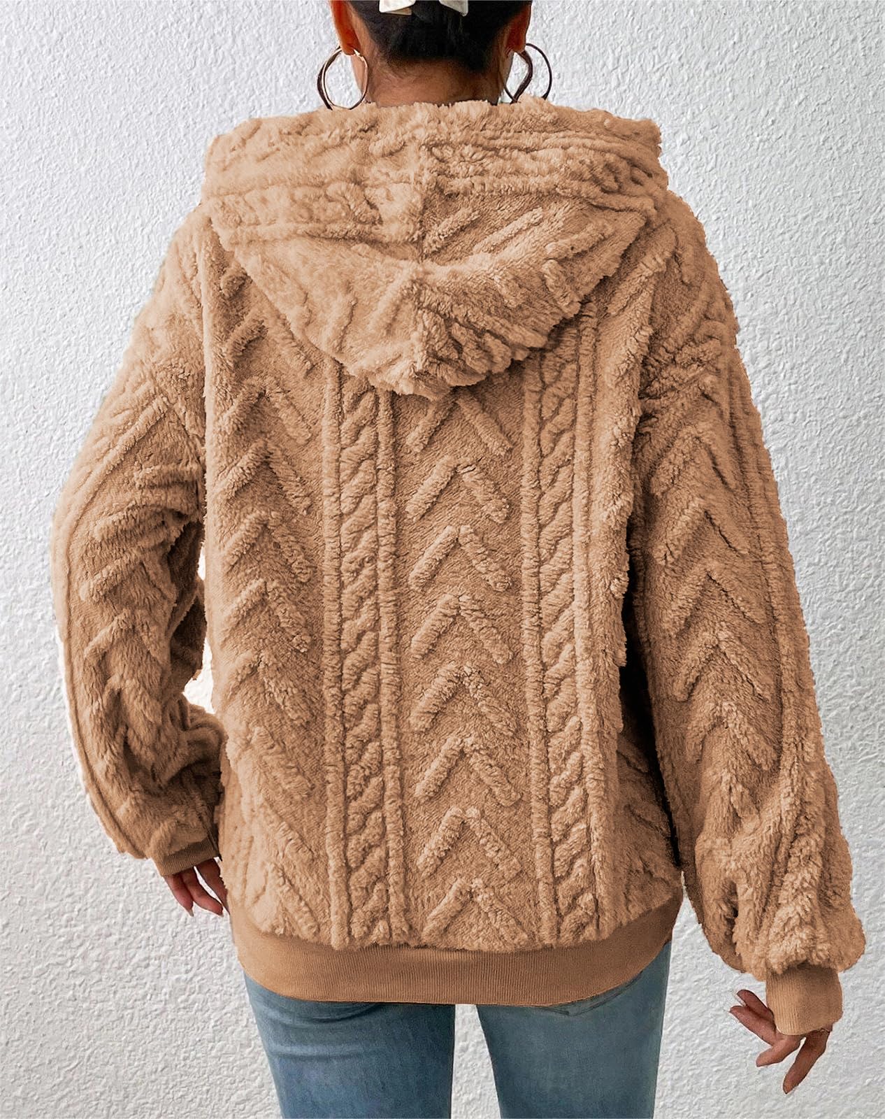 Sweat à Capuche Femme Pull à Capuche en Polaire Oversize Jacquard Cordon de Serrage Hoodie Pullover à Manches Longues