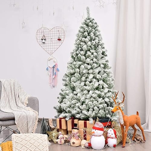 COSTWAY 6FT Artificial Christmas Tree, Snow Flocked Hinged Xmas Tree with Flexible Branches & Metal Stand