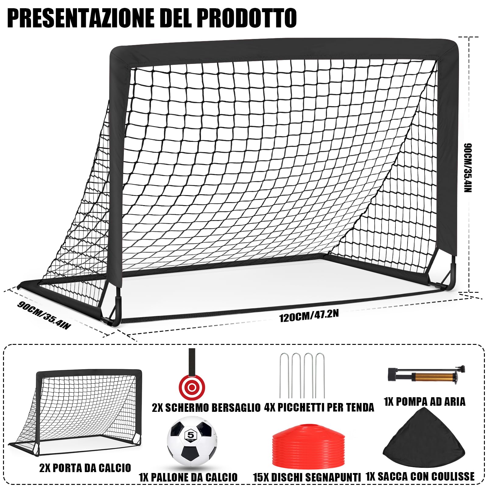 Porte da Calcio per Giardino, Porta da Calcio per 120x90cm, Porticine Da Calcio con Aste In Fibra di Vetro e Reti di Alta Qualità, Bullseye e Borsa per Giardino e Gioco per Interni - 3