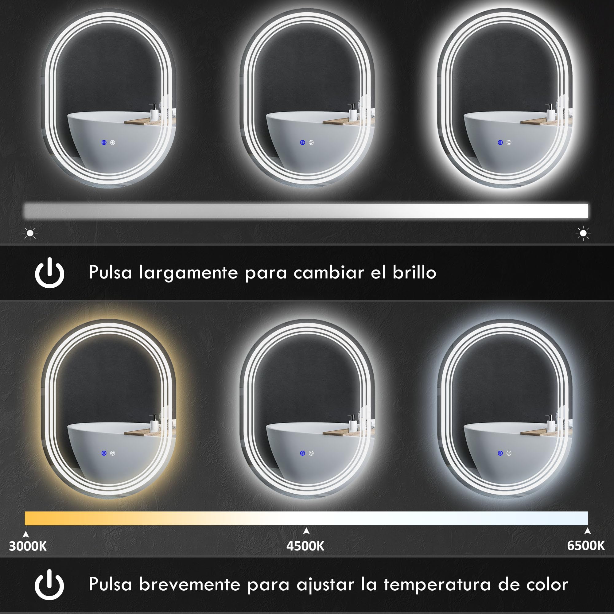 kleankin Espejo Baño con Luz 70x50 cm Antivaho IP44 Horizontal/Vertical