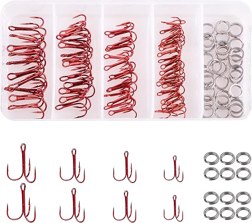 Miniatura 8 de Kit de ganchos agudos rojos, curvados redondos, ganchos de pesca triples de acero inoxidable, anillos de doble división, kit de caja de aparejos de
