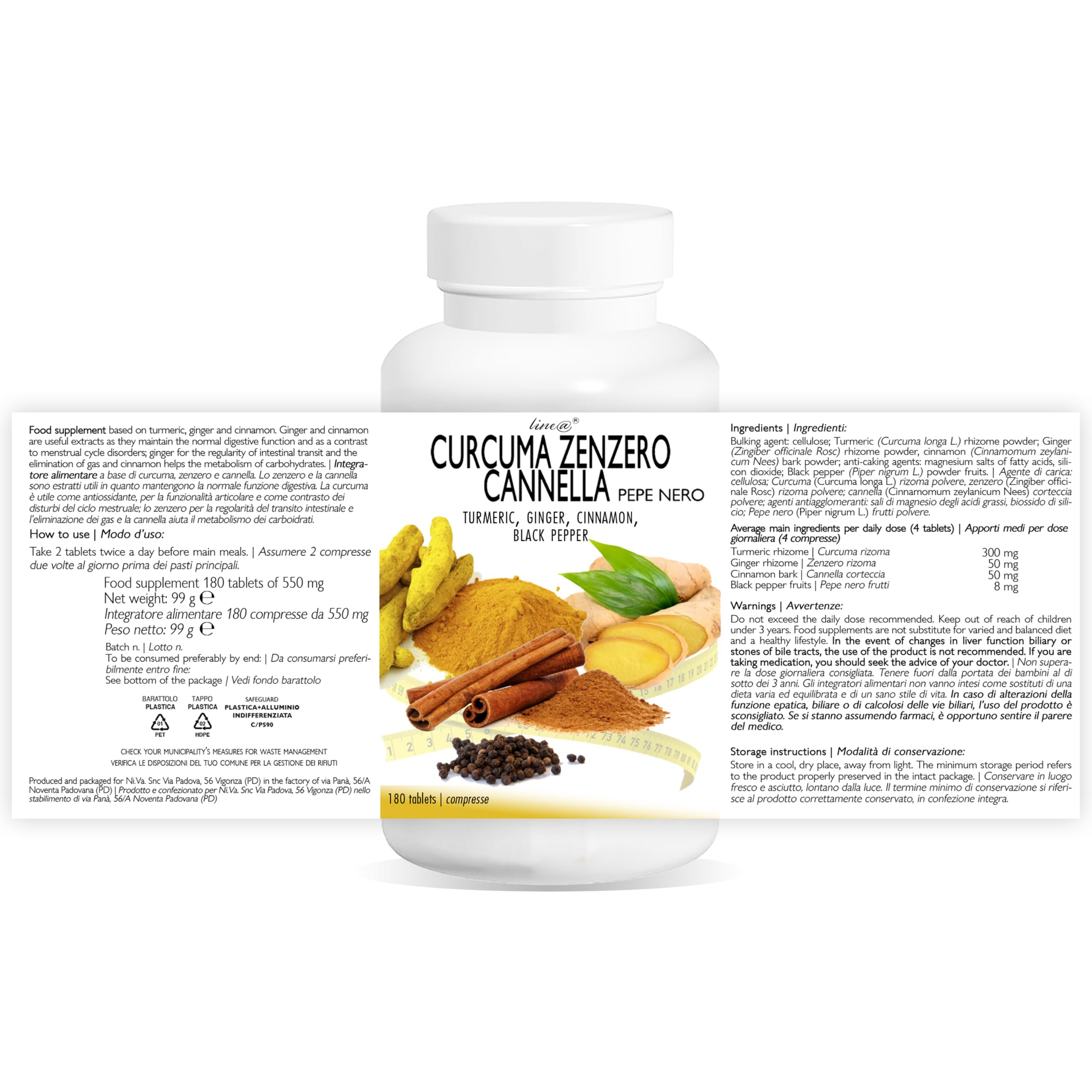 CURCUMA ZENZERO CANNELLA e pepe nero Line@ | Aiuta a mantenere una normale digestione, antiossidante, mantiene una normale funzione articolare ed elimina il gonfiore (180 compresse)