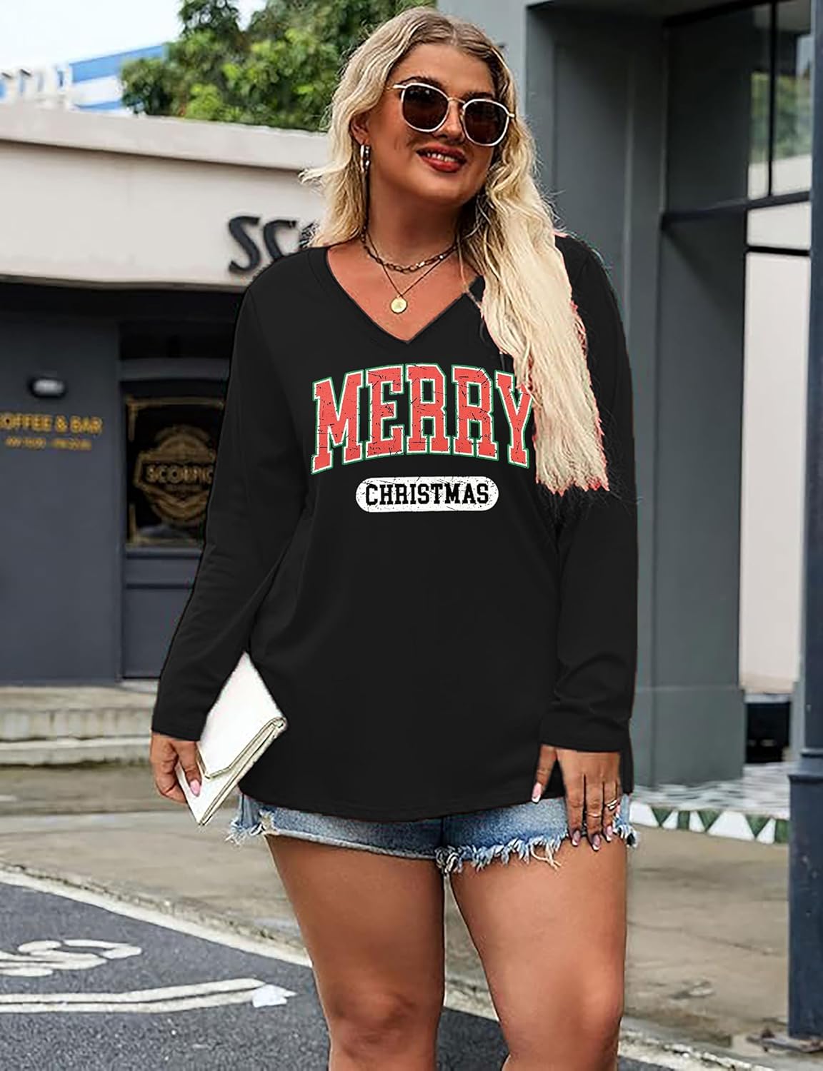 Women Plus Size Christmas Shirt Merry Bright Xmas Long Sleeve Tees Christmas Tree Print Casual V Neck Holiday Tee Tops - Image 2