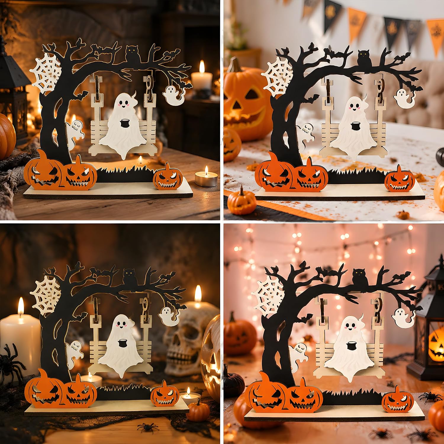 Halloween Decorations - Ghost Pumpkin Wooden Centerpiece Table Decor