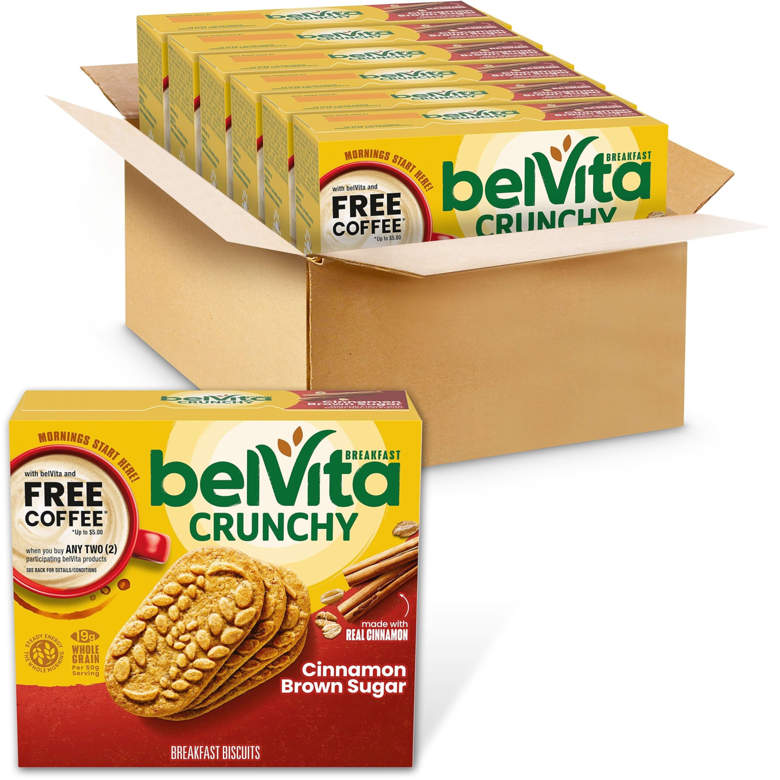 belVita Breakfast Bars Biscuits, Cinnamon Brown Sugar, 30 Total Packs, 6 Boxes (4 Biscuits Per Pack)