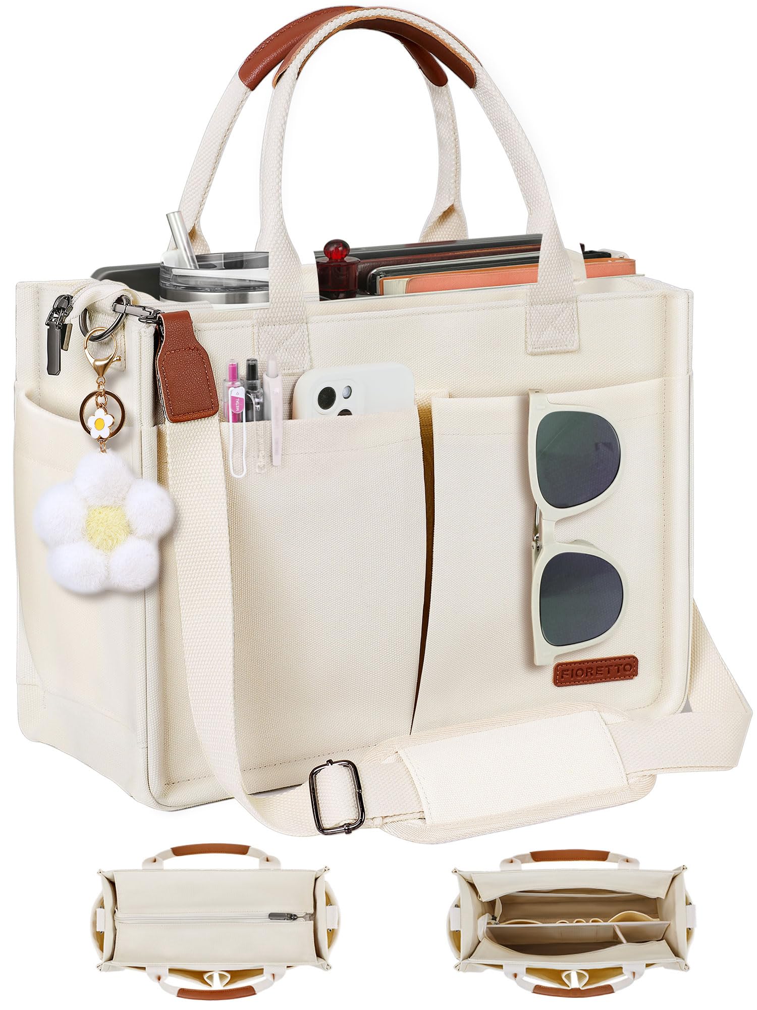 FIORETTO Womens Canvas Tote Bag Purse with Individual Compartment Zipper Top Reinforced Bottom Luggage Sleeve