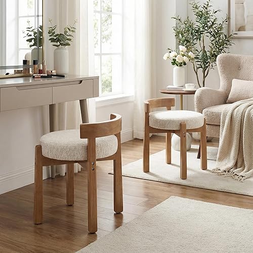 Miniatura 6 de DUOMAY Moderno tocador de maquillaje de chenilla, otomano tapizado con respaldo bajo con patas de madera maciza, lindo reposapiés redondo, taburete