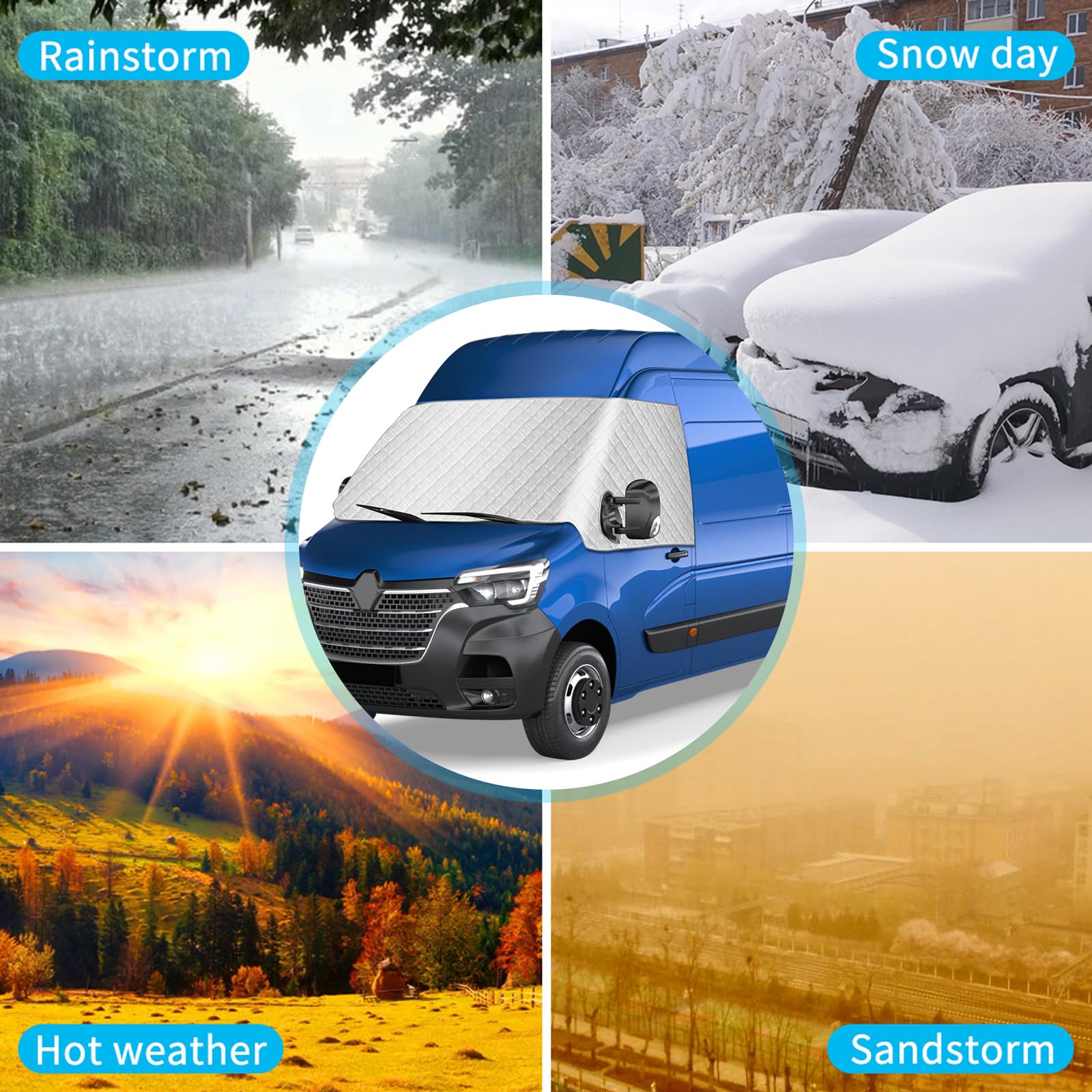 Housse de Pare-Brise Avant Compatible avec Renault Master 2010-2024 Opel Movano 2010-2021, Extérieur Pare-Soleil de Fenêtre Camping-Car Contre Soleil Neige Gel