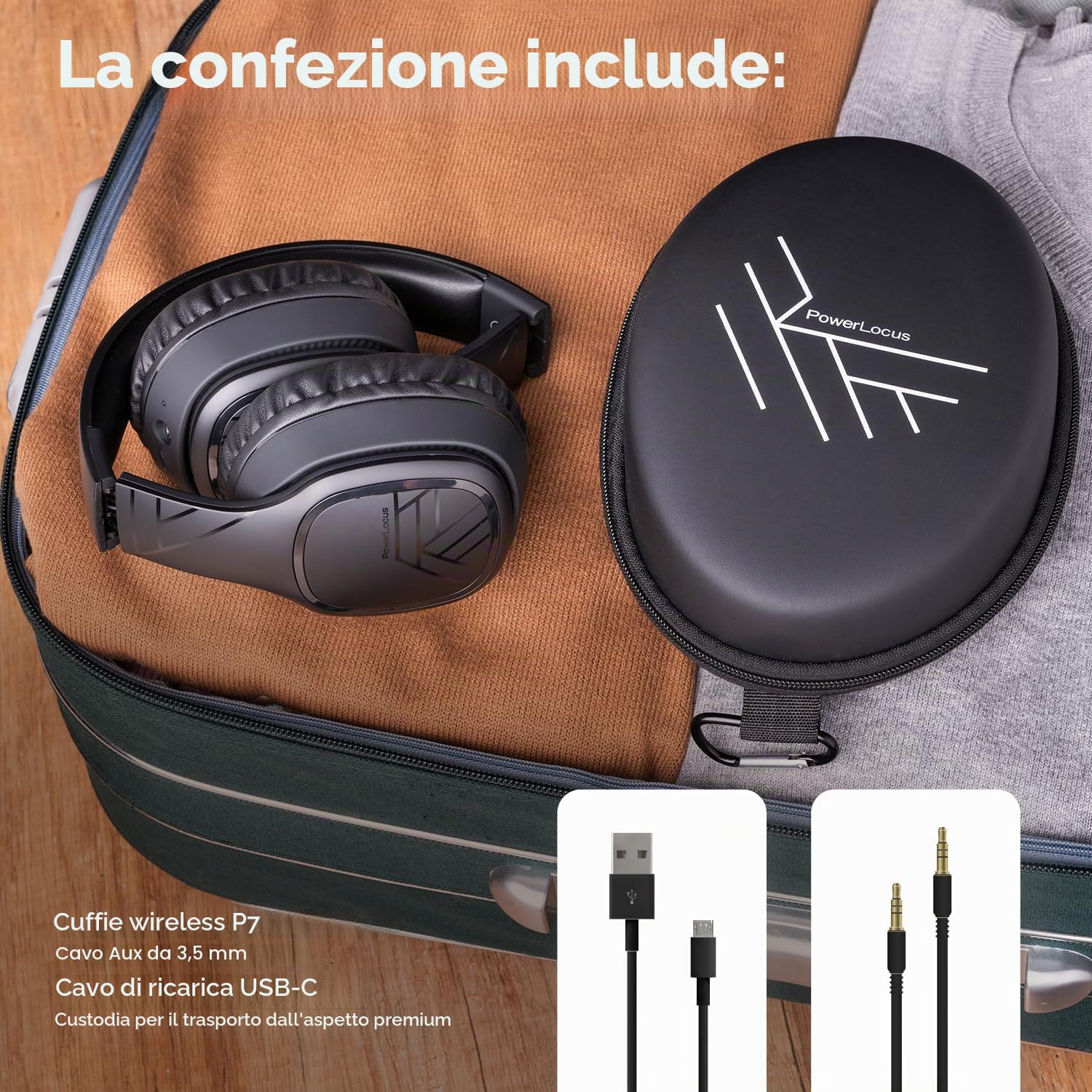 PowerLocus P7 Cuffie Wireless Bluetooth, 50 ore Di Riproduzione, Cuffie Senza Fili Over Ear, Hi-Fi Stereo, Pieghevole, Cuffie Bluetooth con Microfono, Custodia Rigida per Viaggio/Telefono/PC/TV