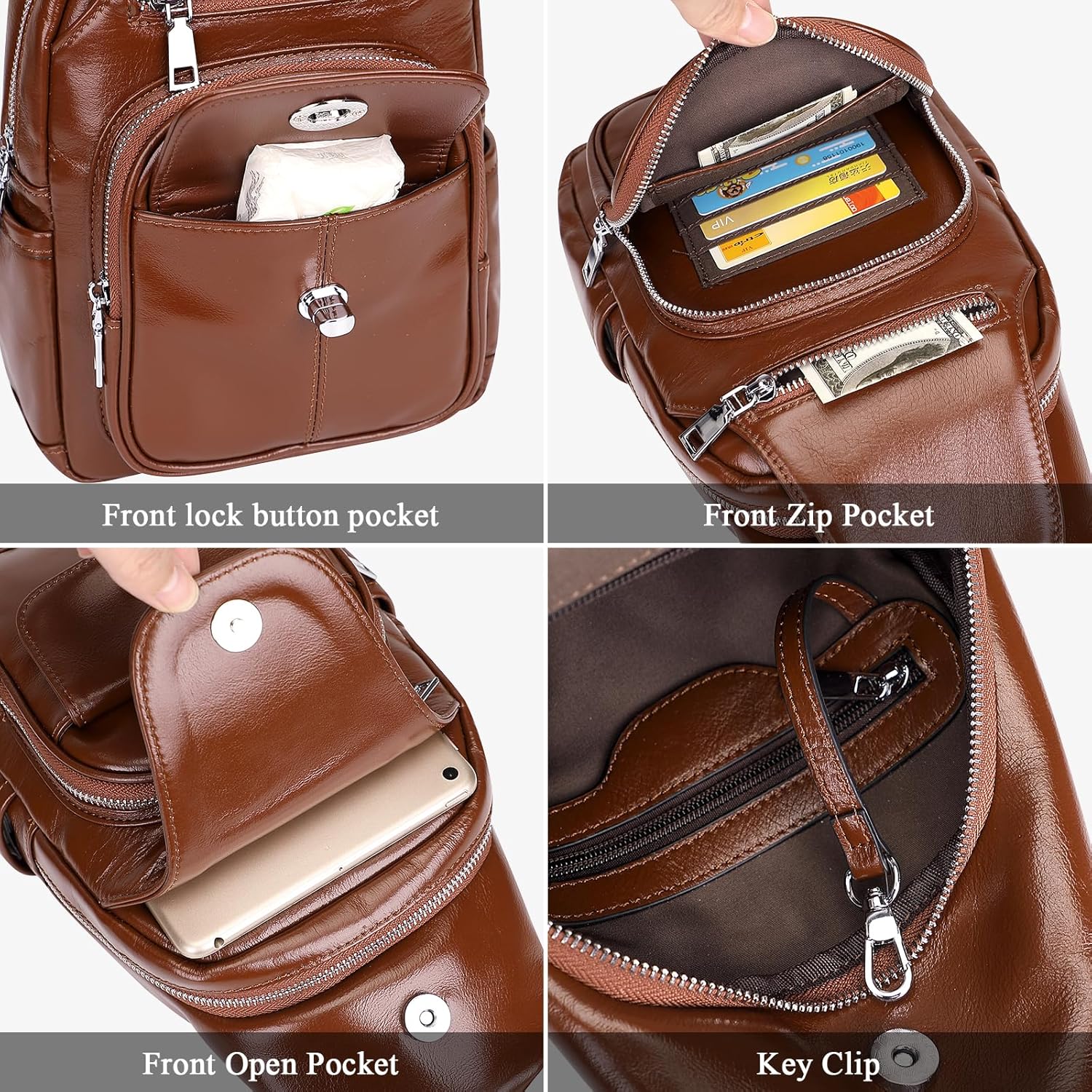 Over Earth Genuine Leather Sling Bag for Women Men Small Causal Crossbody Purse Chest Backpack(O212E Brown) - Image 6