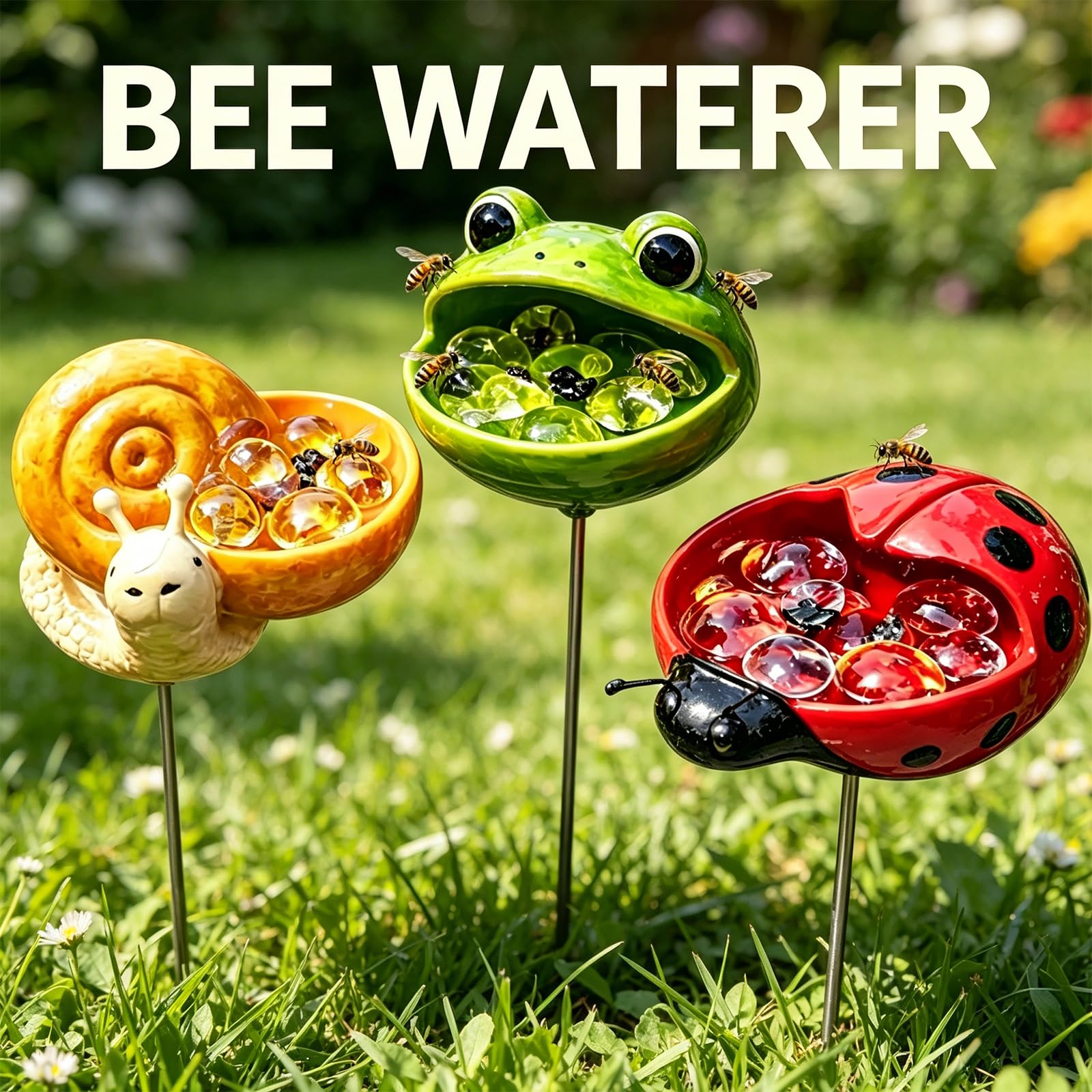 Stazioni di irrigazione uniche per animali, stazione di irrigazione in resina per api da giardino, ciotola decorativa per uccelli, api, farfalle e impollinatori, cortile, patio, prato, giardino (set