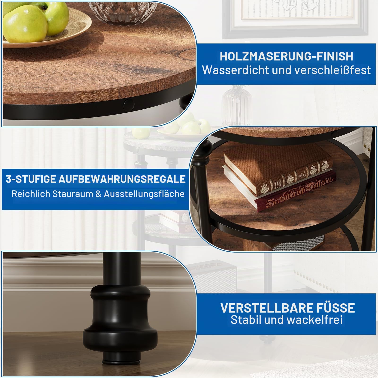 Runder Beistelltisch 3 Ebenen, Vintage Couchtisch Aus Holzoptik Und Schwarzem Metall, Nachttisch Mit Stauraum Für Wohnzimmer, Schlafzimmer, Stabiler Rahmen & Einfach Montierbar Rustikales Braun