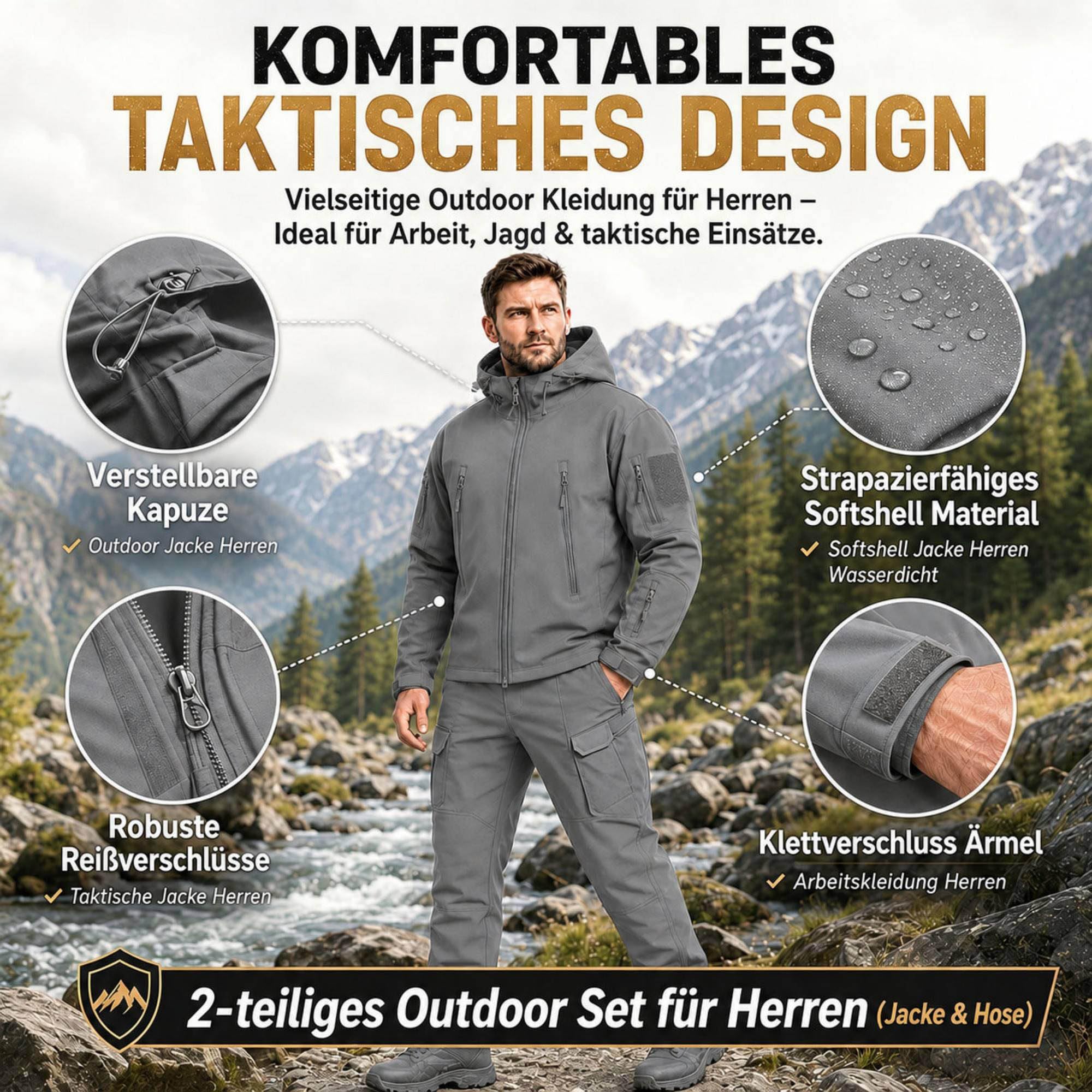 Taktischer Anzug Herren Set, Taktische Jacke Herren und Taktische Hose Herren, Softshell Outdoor Kleidung Militär Style, Wasserabweisend & Winddicht für Jagd, Wandern, Camping, Arbeit