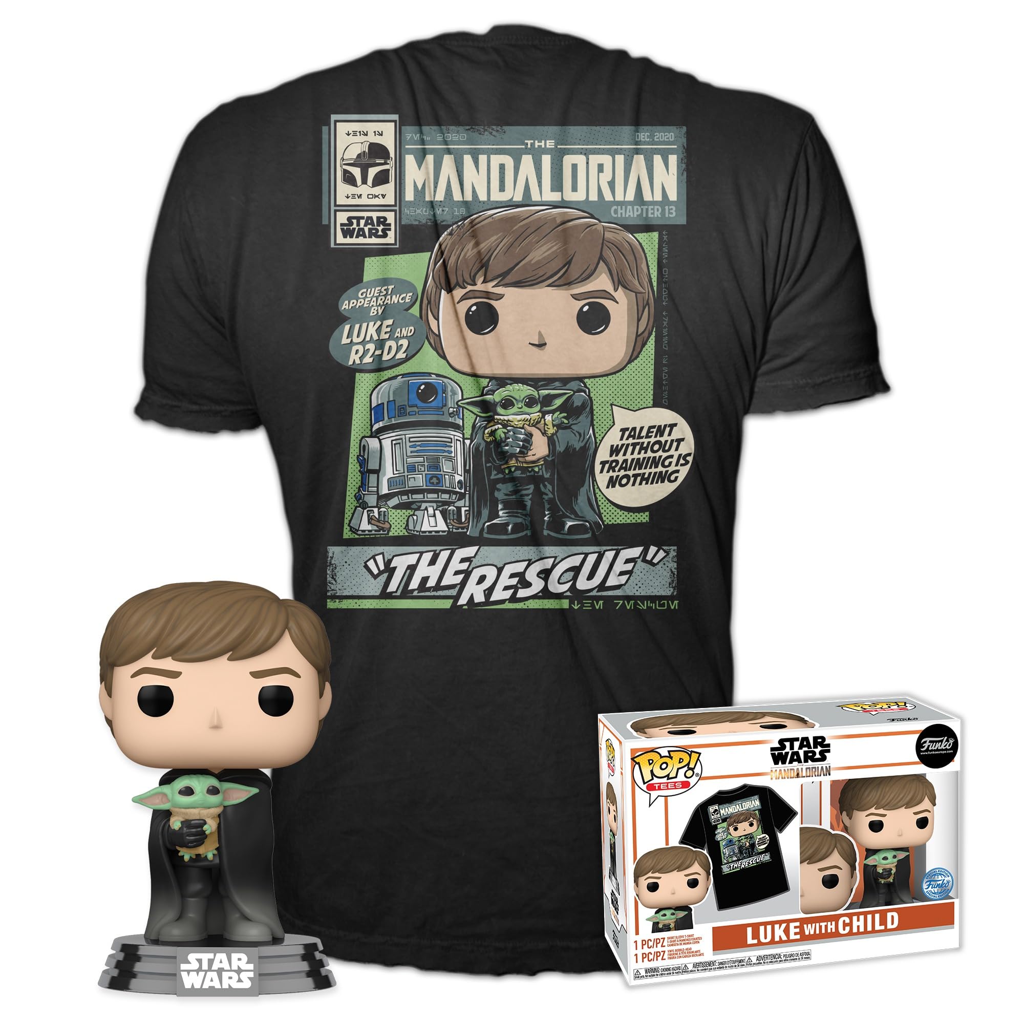 Funko Pop! & Tee: Star Wars: the Mandalorian - Luke With Grogu (the Child, Baby Yoda) - (Grogu (the Child, Baby Yoda), Baby Yoda) - Medium - T-Shirt - Clothes With Collectable Vinyl Figure for Adults