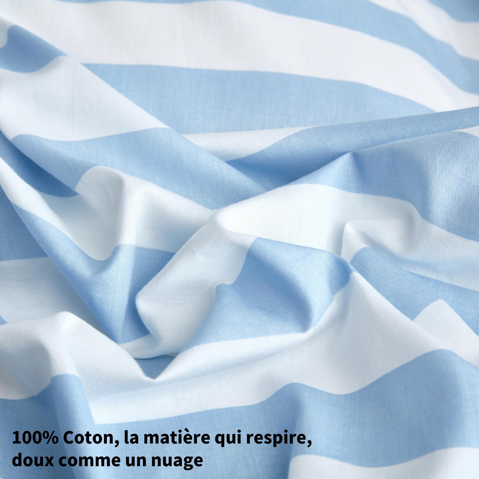 Funda nórdica de 200 x 200 cm, algodón, color azul claro y blanco a rayas, juego de cama de 200 x 200 cm, algodón, estilo moderno, suave, transpirable, ropa de cama para 2 personas, con
