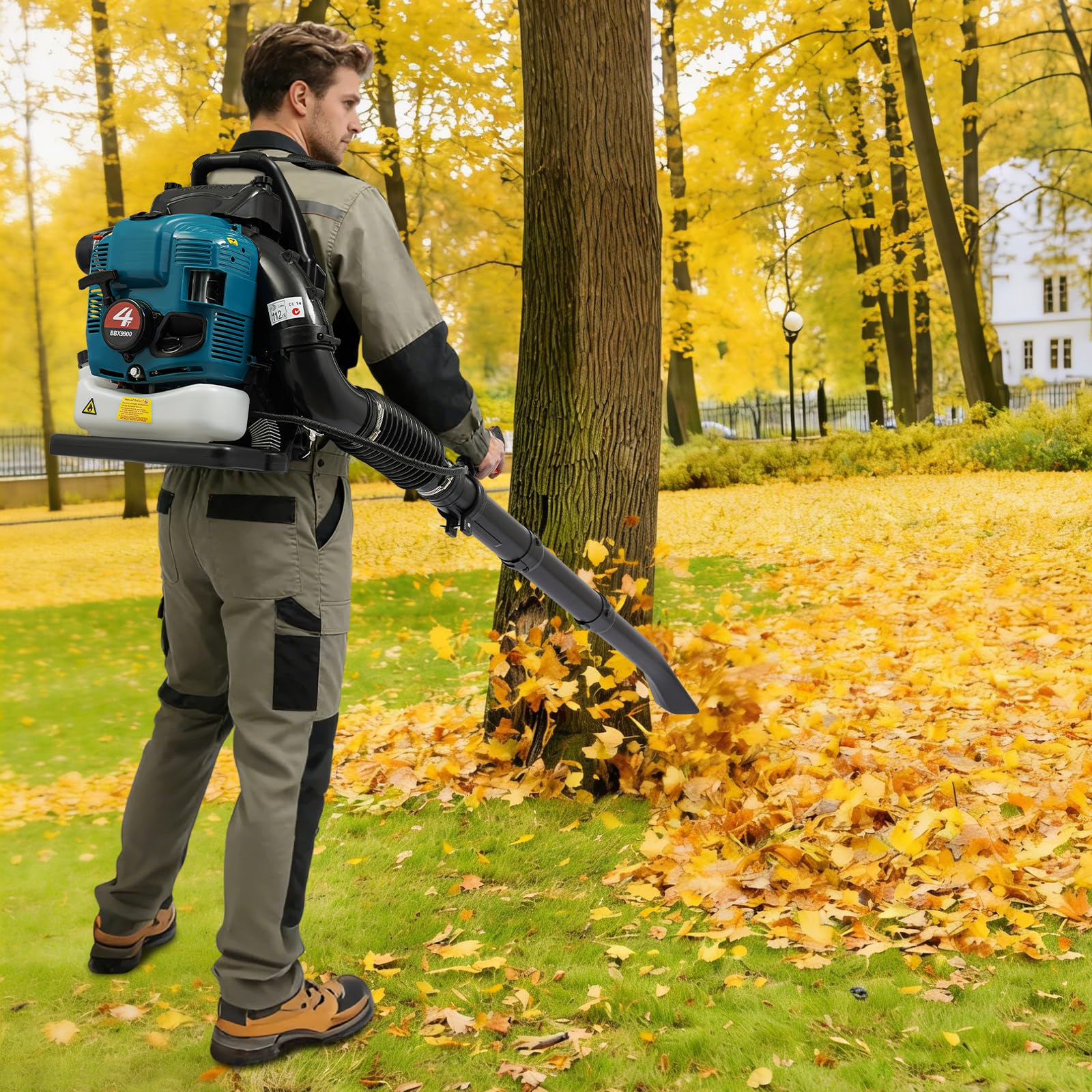 Mochila soplador de hojas, 75,6 cc, 4 tiempos, gasolina, 2,6 kW, 498 ft³/s, depósito de 0,5 gales, 112 dB, arranque manual, tubo de ajuste de altura de 180°, portátil, jardín, patio, hojas, nieve
