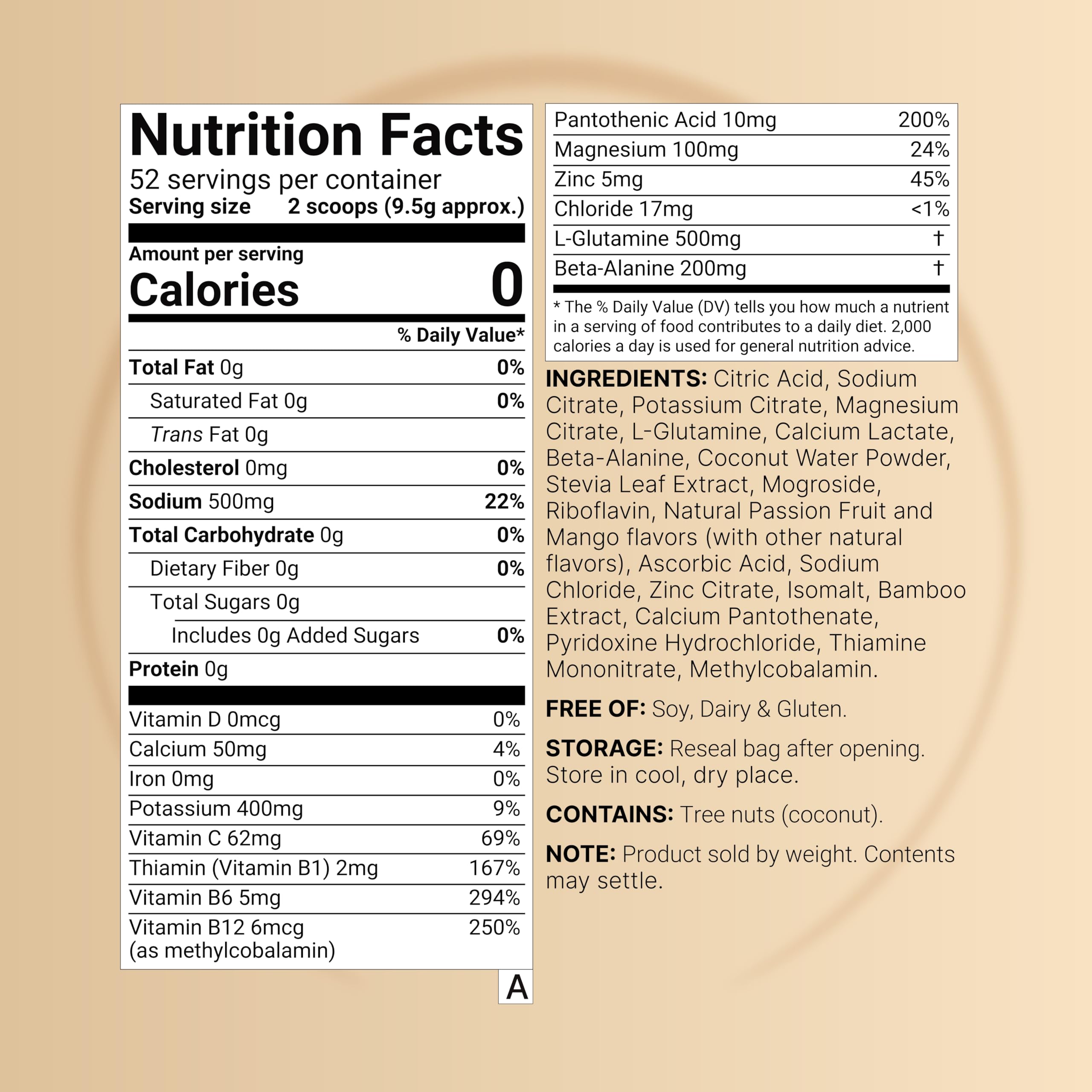 Sport Electrolytes Powder No Sugar, 500g (52 Servings) | Electrolyte Hydration Drink Mix with Sodium, Potassium, Magnesium, L-Glutamine, Beta Alanine, & Coconut Water – Passion Fruit & Mango Flavor — Amazon image 2