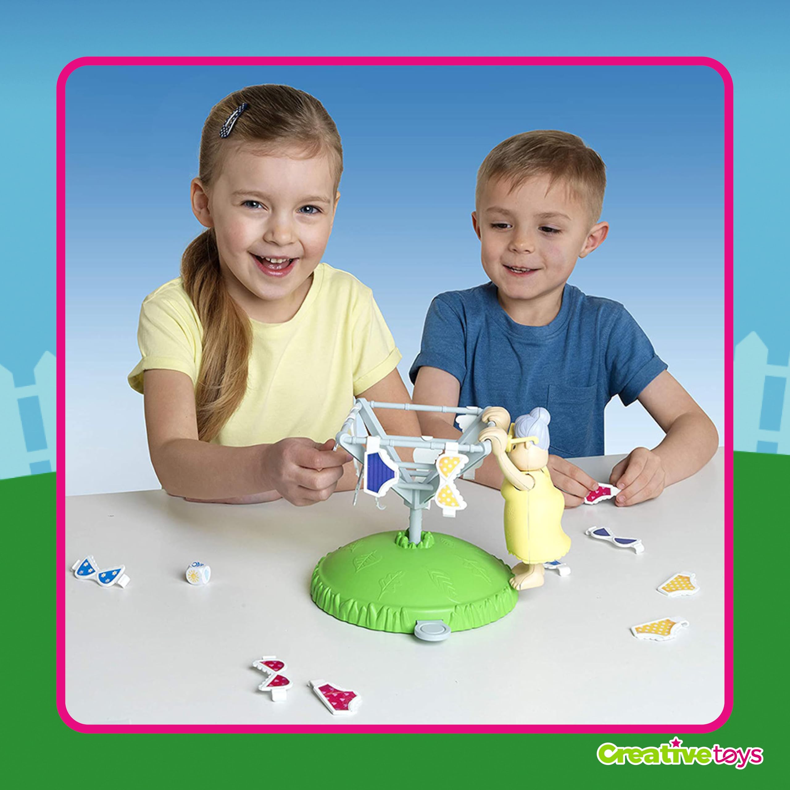 Creative Toys Abuelita Voladora Juego de Mesa Familiar | Set de Habilidad y Reflejos con Tendedero Giratorio | Actividad Creativa con Dado para Fiestas en Casa | 2 a 4 Jugadores