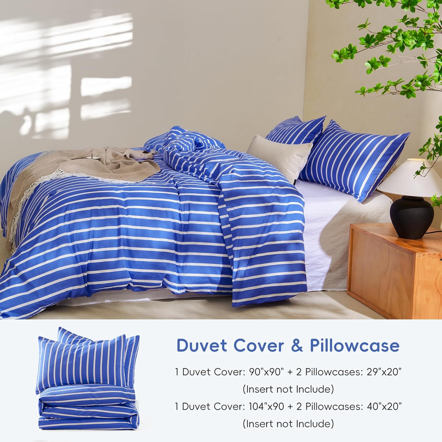 Striped Duvet Cover Set Queen Size,100% Natural Cotton Washed 3pcs Classic Striped Pattern Soft Breathable Bedding Sets with Zipper Closure & Corner Ties, Stripes Blue, 90"x90"