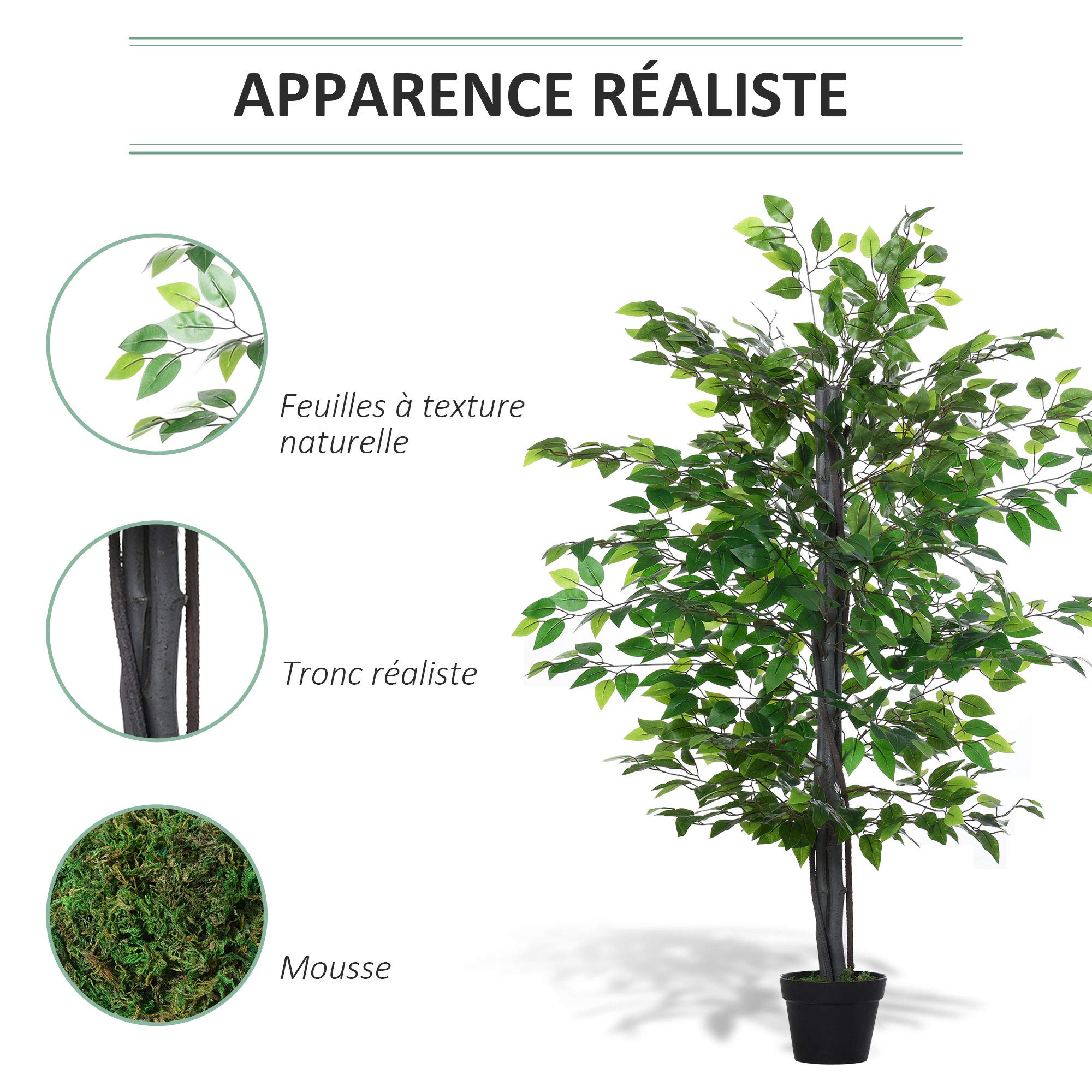 Outsunny Arbre Artificiel Plante Artificielle ficus H.1,45 m Tronc Branches Liane Lichen Feuilles Grand réalisme Pot Inclus