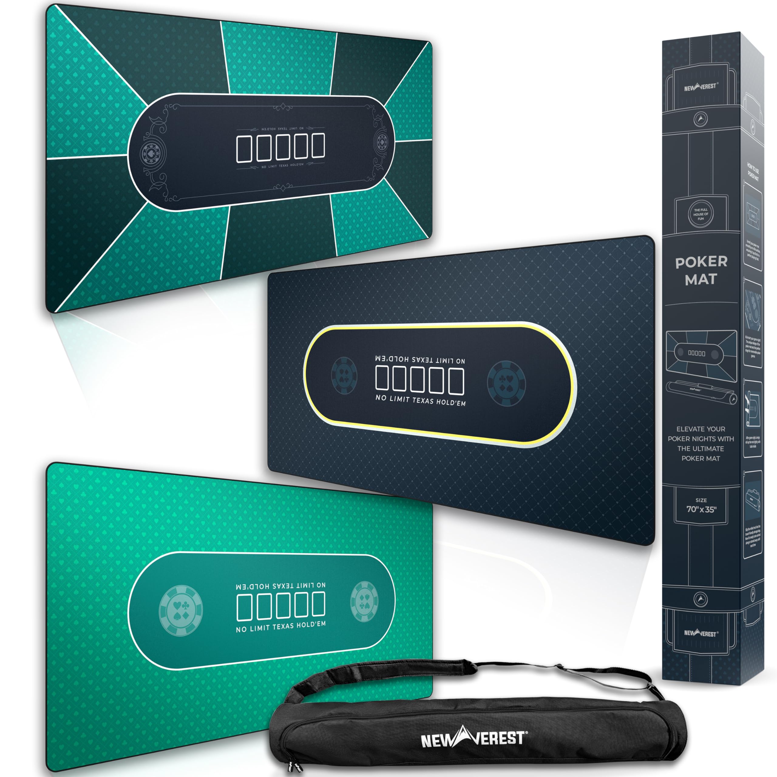 Newverest 3-in-1 Poker Gift Set: Texas Hold'em Poker Mat Green + Green with Black Edges + Black | 70" x 35"
