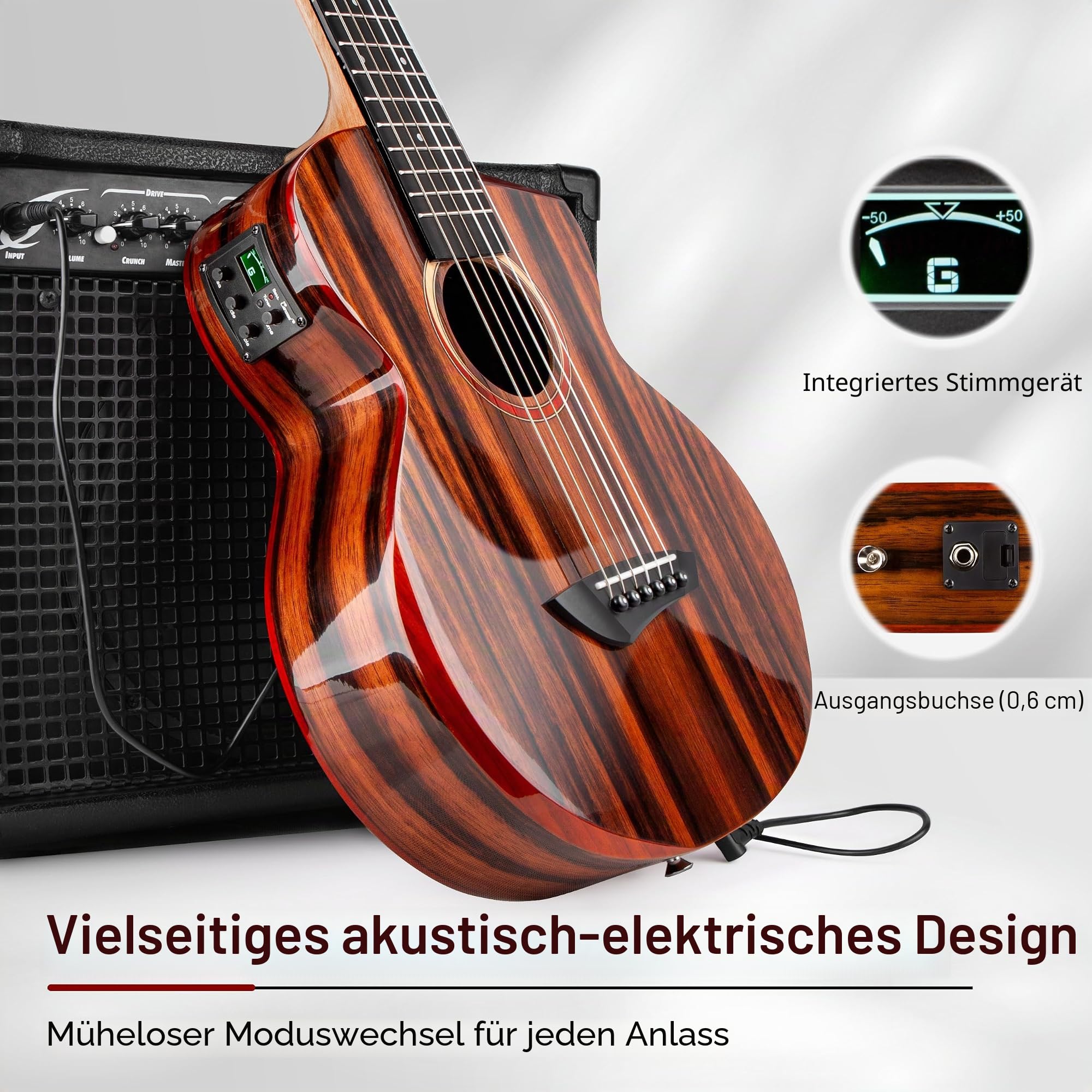 Caramel GEG91 Gitarrengitarre mit Cutaway, Ebenholz, glänzend, 76,2 cm | Handgefertigtes professionelles akustisches und elektrisches Gitarrenset mit Zubehör für Reisen