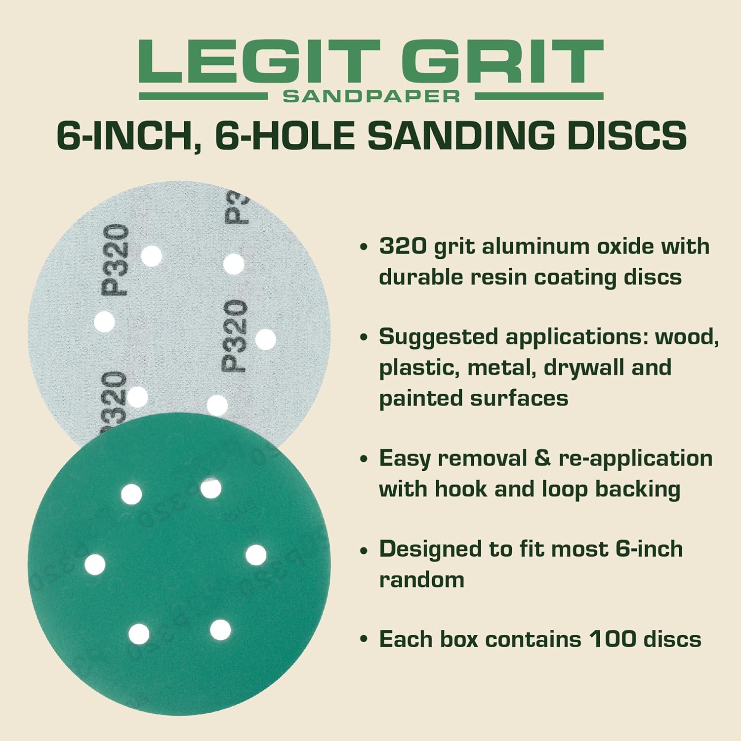 6 inch Sand Paper Disc, 6-Hole, 320 Grit, 100 Pack