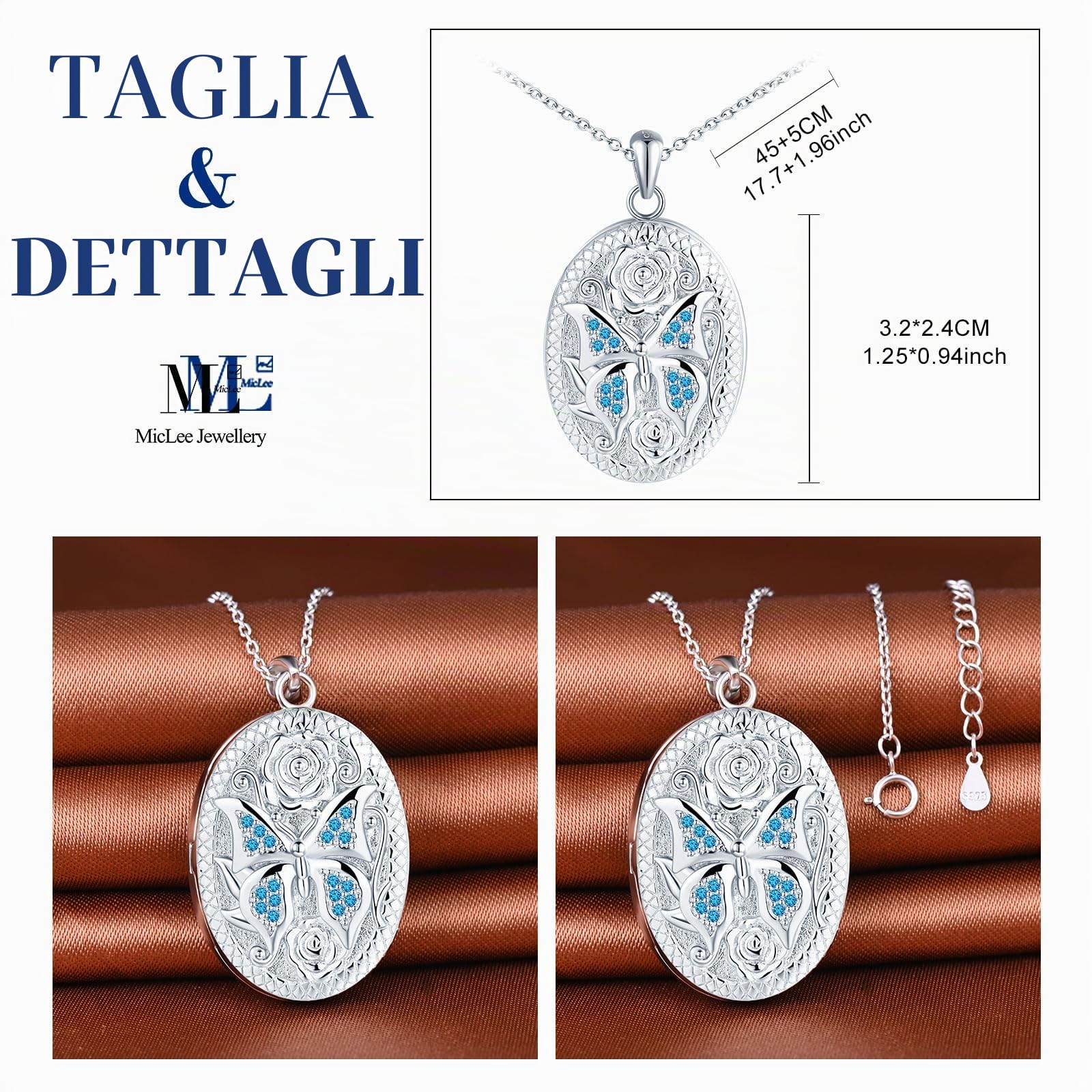 MicLee Collana Ciondoli Foto da Donna in Argento 925 Pendenti Medaglioni de Farfalla Moda Collane Ovale di Farfalla con Zircone Ciondolo Apribile