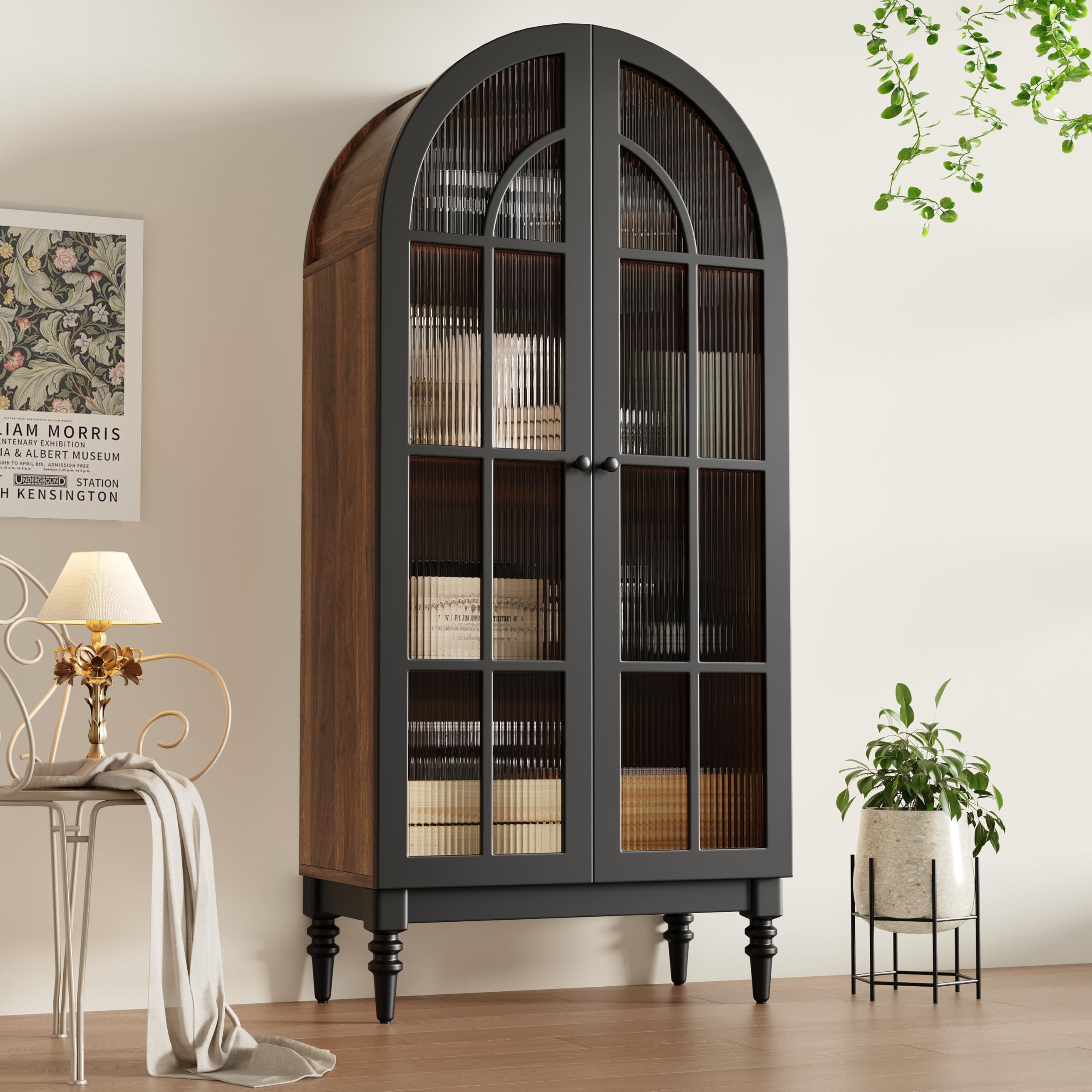 Armadietto ad arco alto autoportante per cucina e soggiorno, vetrina con ante in vetro, venature del legno, nero