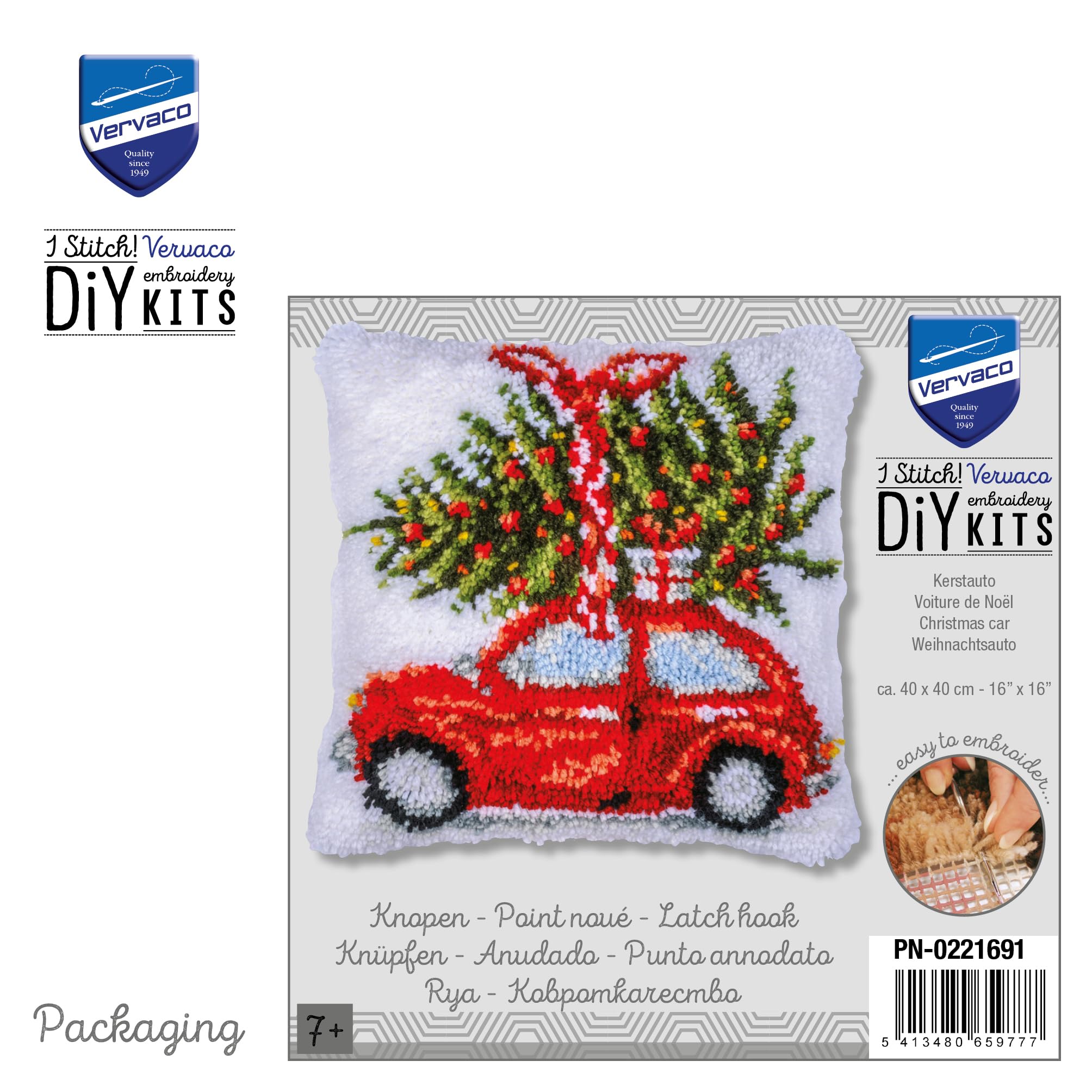 VERVACO Knüpfkissen Set Deko Kissenbezug Knüpfset für Anfänger Weihnachtsauto Basteln Erwachsene Kreativ DIY Handarbeit Set Kissen zum Selber Knüpfe 40 x 40 cm Latch Hook Kit Knüpfhaken Set Kissen
