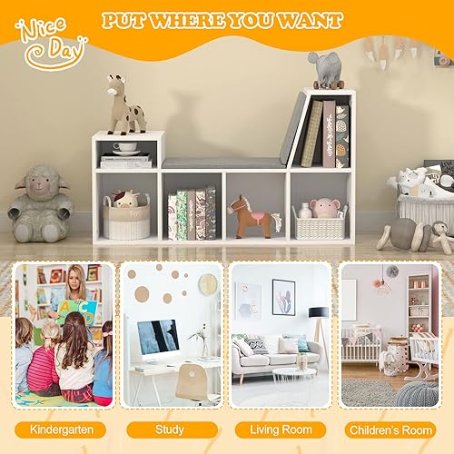 Miniatura 4 de HedoAjim Estantería infantil con rincón de lectura, estantería de 5 compartimentos con cojín de asiento, organizador de almacenamiento de juguetes