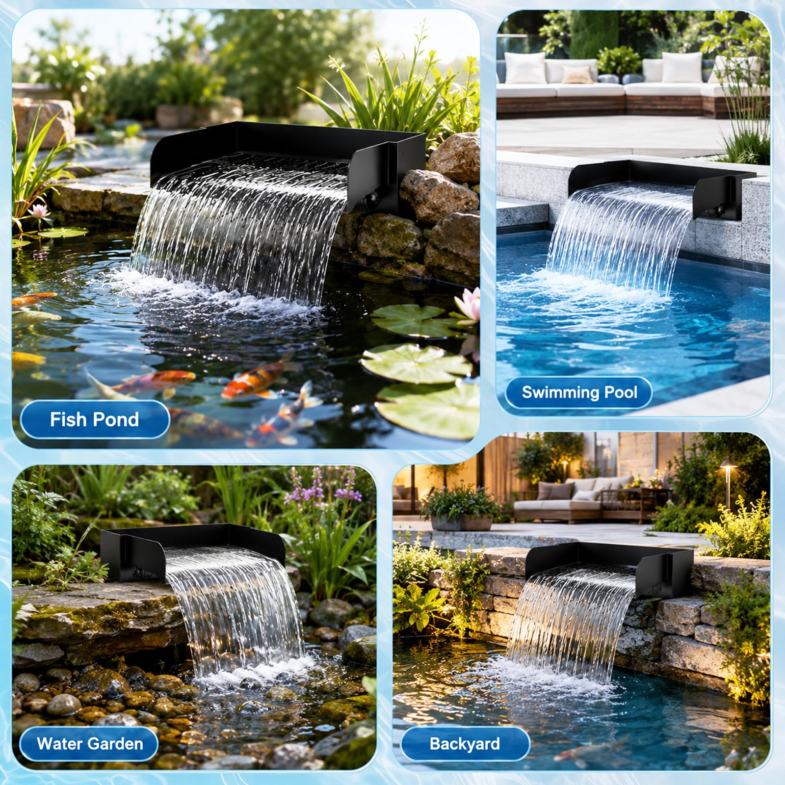 30 cm Wasserfall teich Set, mit 45w 2000L/H Wasserfallpumpe & Filterkäfig, Edelstahl-Wasserfall mit LED-Leuchten in 13 Farben, Außen-Wasserspiel für Außengartenteiche und Hinterhof-Wasserspiele