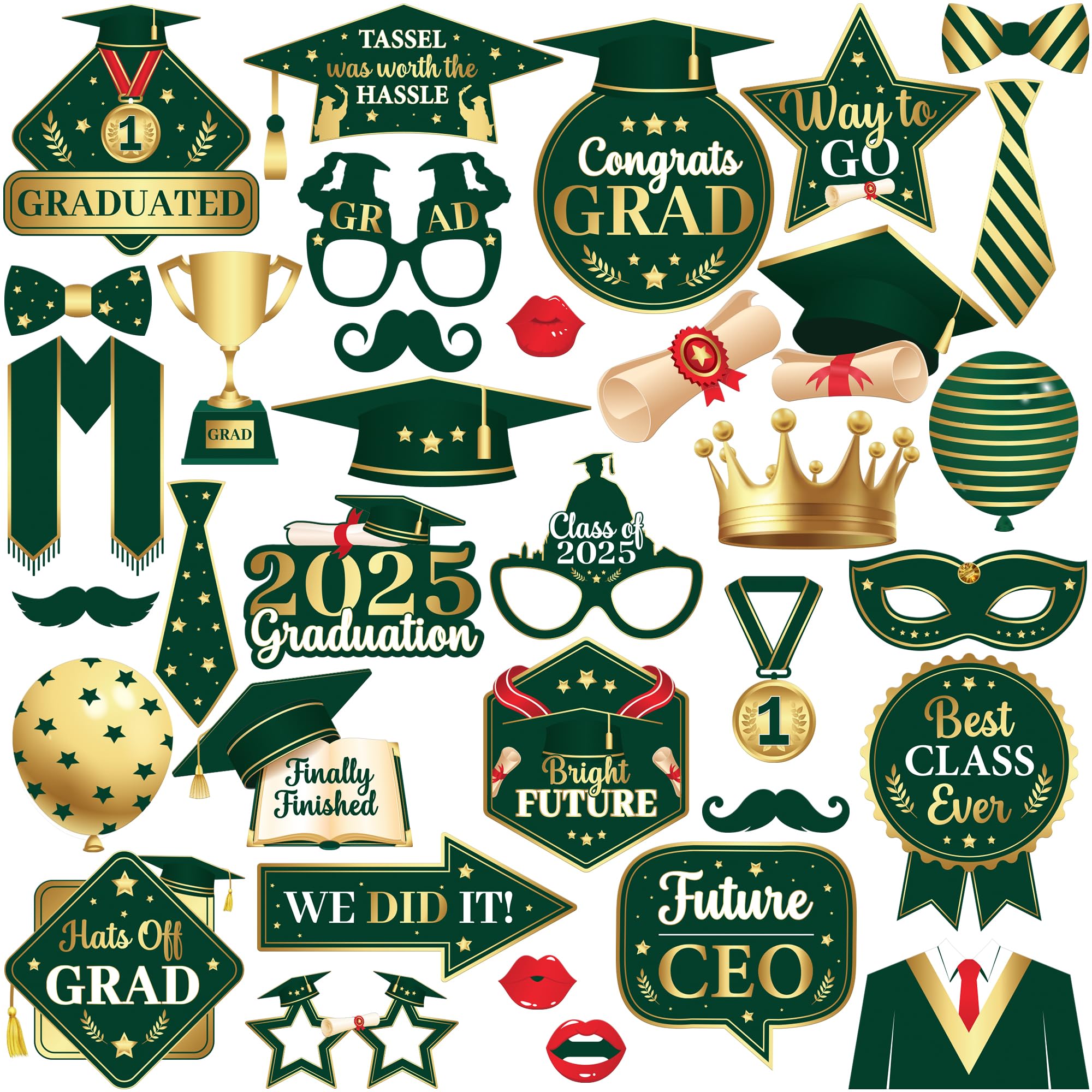 KatchOn, Green and Gold Graduation Photo Booth Props 2025 - Pack of 35 | Graduation Decorations Class of 2025, Grad Party Supplies for College High
