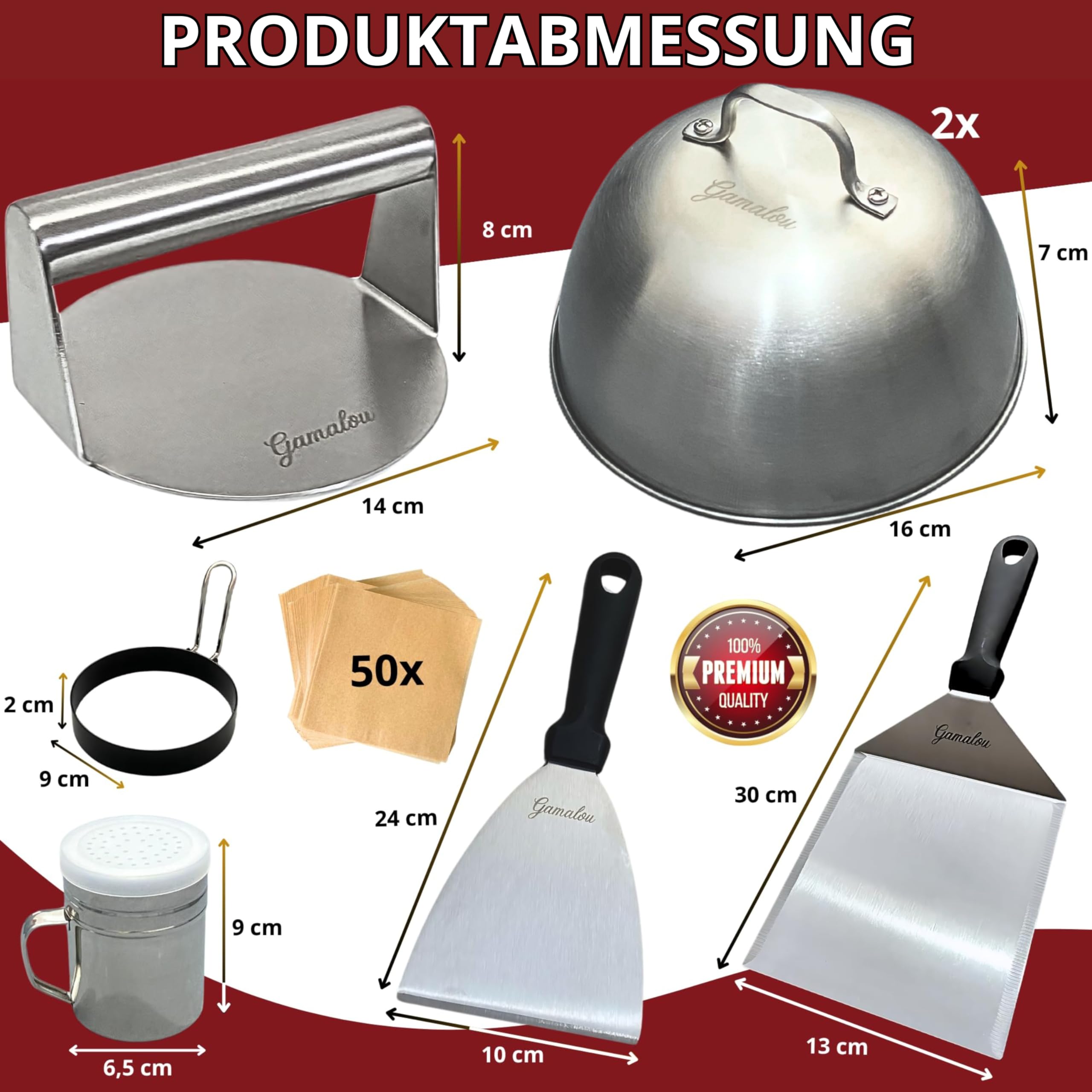 Edelstahl Smash Burgerpresse Set: Burger Smasher mit Grillspachtel 13 cm, Schaber 10 cm, 2 Burgerglocken, Gewürzstreuer & Eierringe für Grill, Grillplatte und Pfanne - EU-zertifiziert