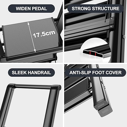 Miniatura 6 de Escalera de 3 escalones plegable portátil con pedal antideslizante, marco de aluminio ligero para mujeres, multiusos para el hogar y la cocina,