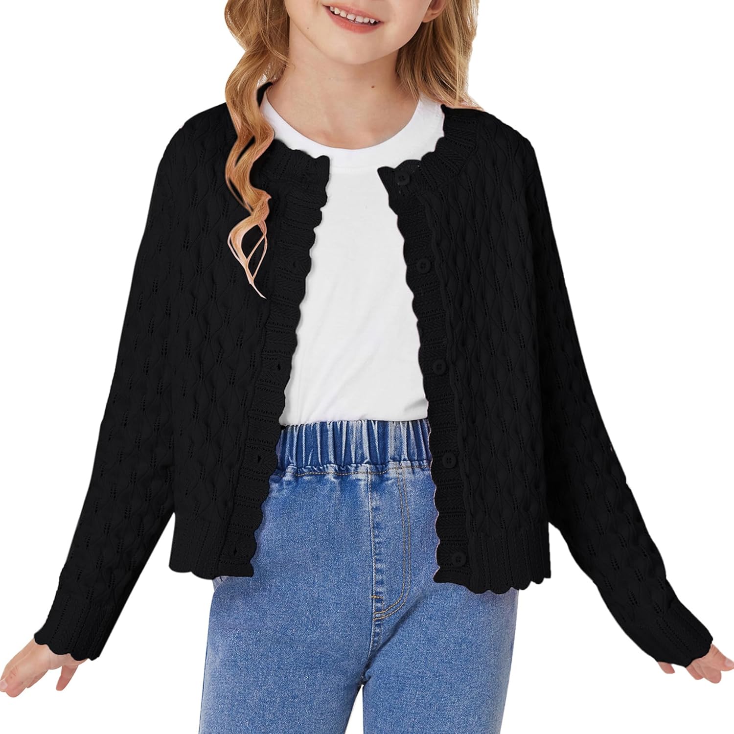 GRACE KARIN Girls Long Sleeve Sweater Cardigan Kids Cropped Cable Knit Button Front Sweaters 6-13Y