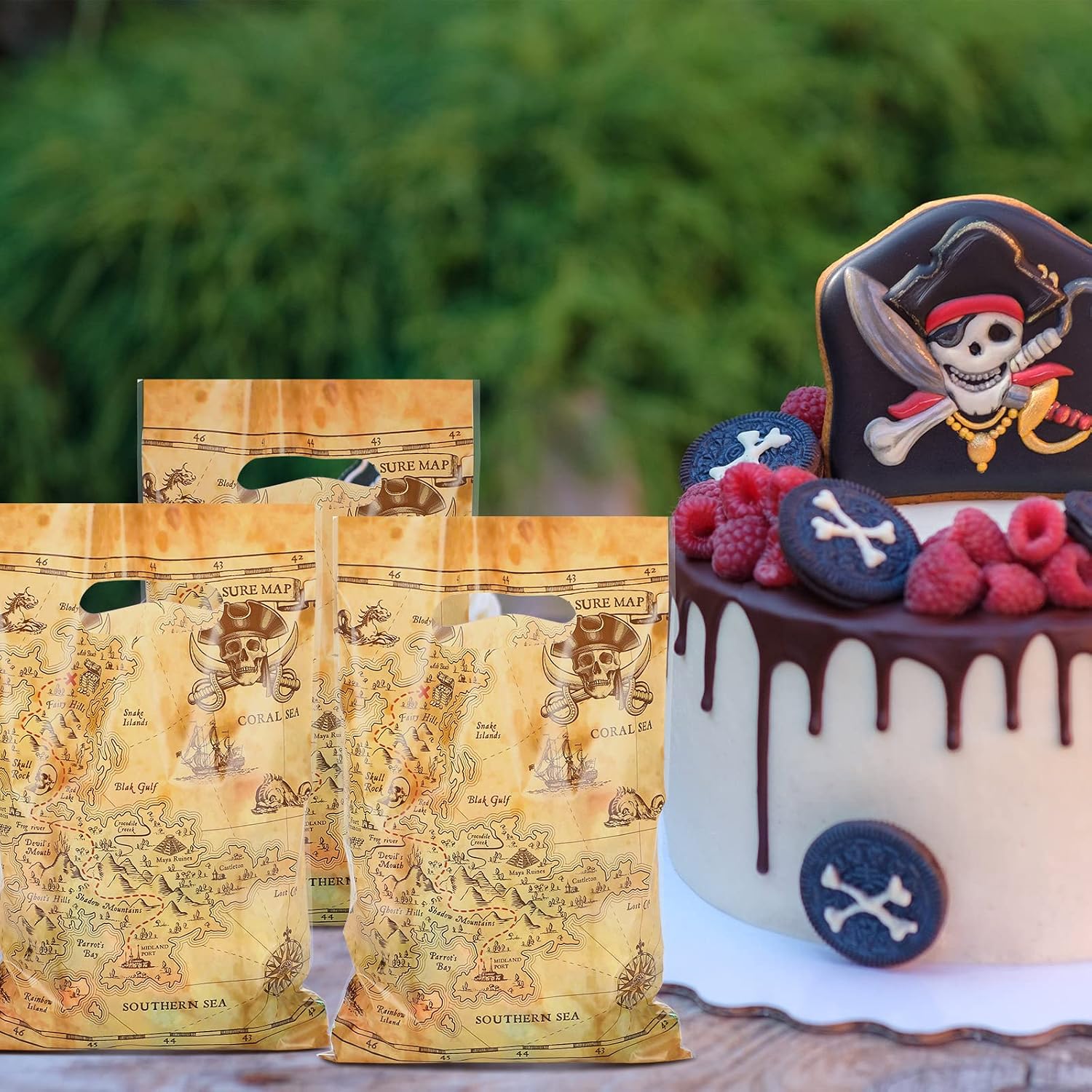 Yinder 100 Pcs Pirate Treat Candy Goodie Gift Bags Pirate Party Favors Treasure Map Loot Cellophane Bags for Nautical Themed Birthday Party