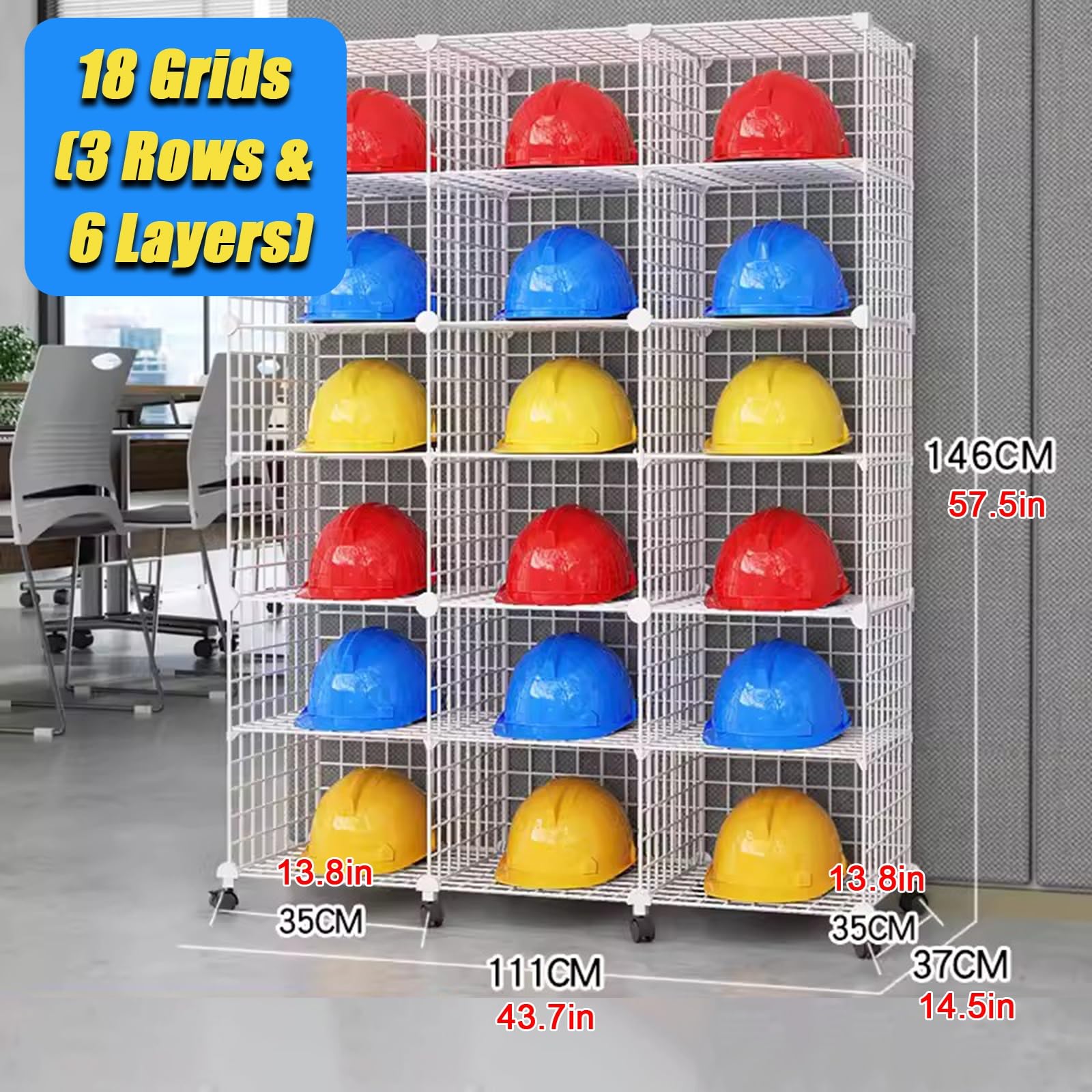 Helmständer, stapelbare Aufbewahrungsboxen für Schutzhelme mit Rollen, großes verstellbares Ablagegestell für Schutzhelme, Baustellen/Werkstätten/Einzelhandelsl,White-18 Grids(111x37x146cm)