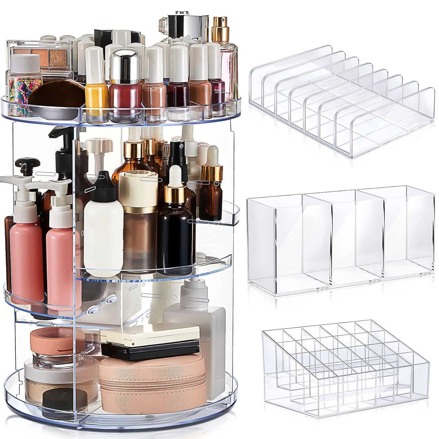 Maitys Clear Makeup Organizer Set Include 360 Rotating