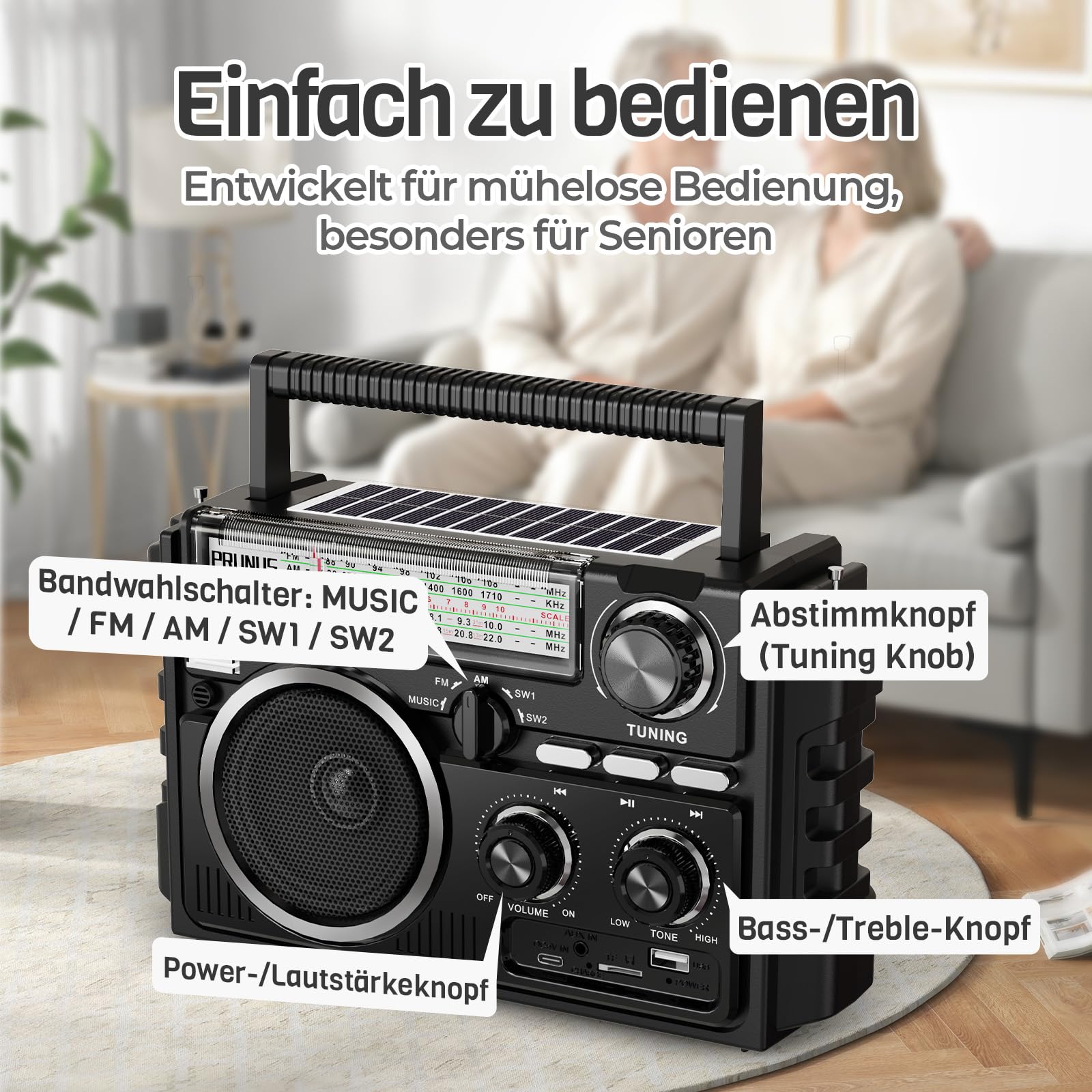 PRUNUS J-02 AM/FM/SW Weltempfänger Radio Klein, Solar Radio mit Akku 1800mAh oder D-Zellen Batterien, Transistorradio mit Zwei Antennen, Kofferradio unterstützt Bluetooth 6.0/TF-Karte/USB Spielen.