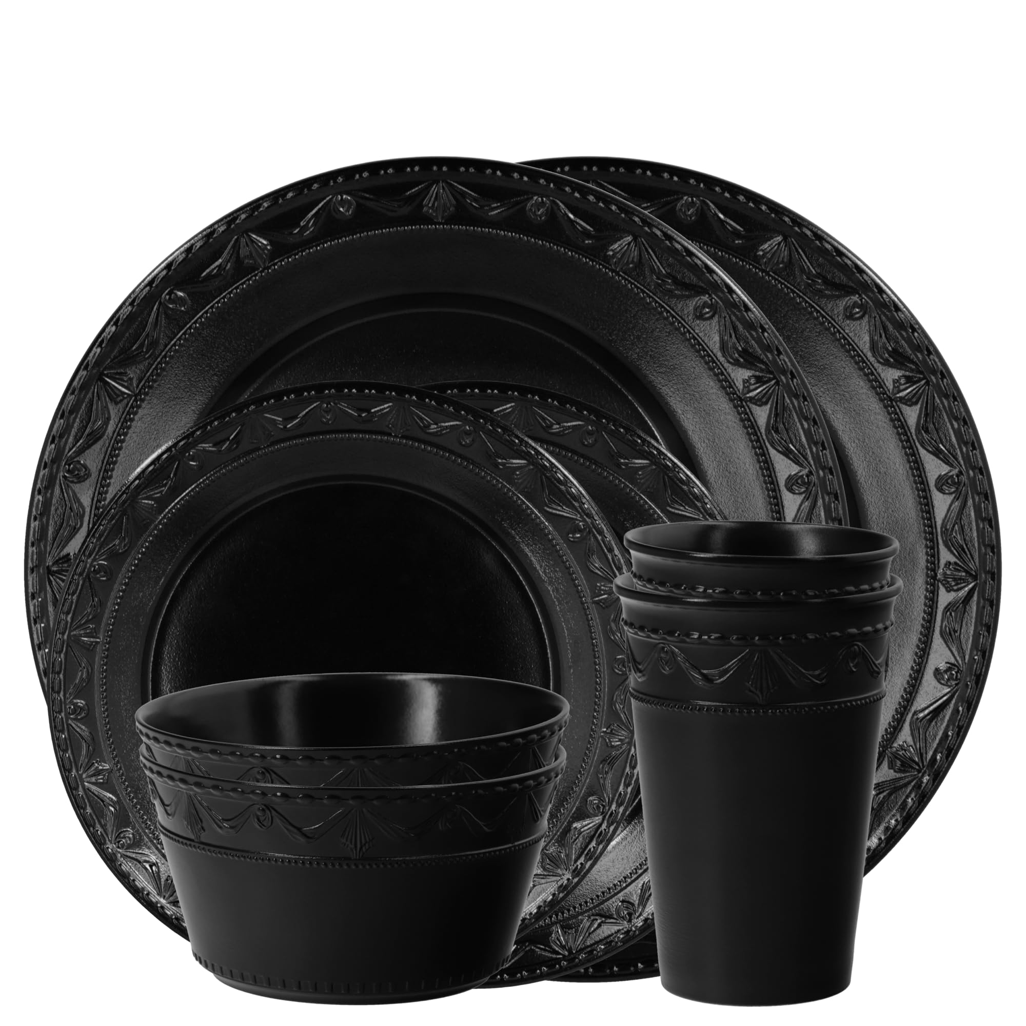 KPM Berlin KURLAND NOIR Duo-Set 8-teilig aus Bechern 350ml, Bowls 700ml, kleinen 20cm und großen Tellern 26cm handmade, matt-glänzend schwarz im Geschenkkarton