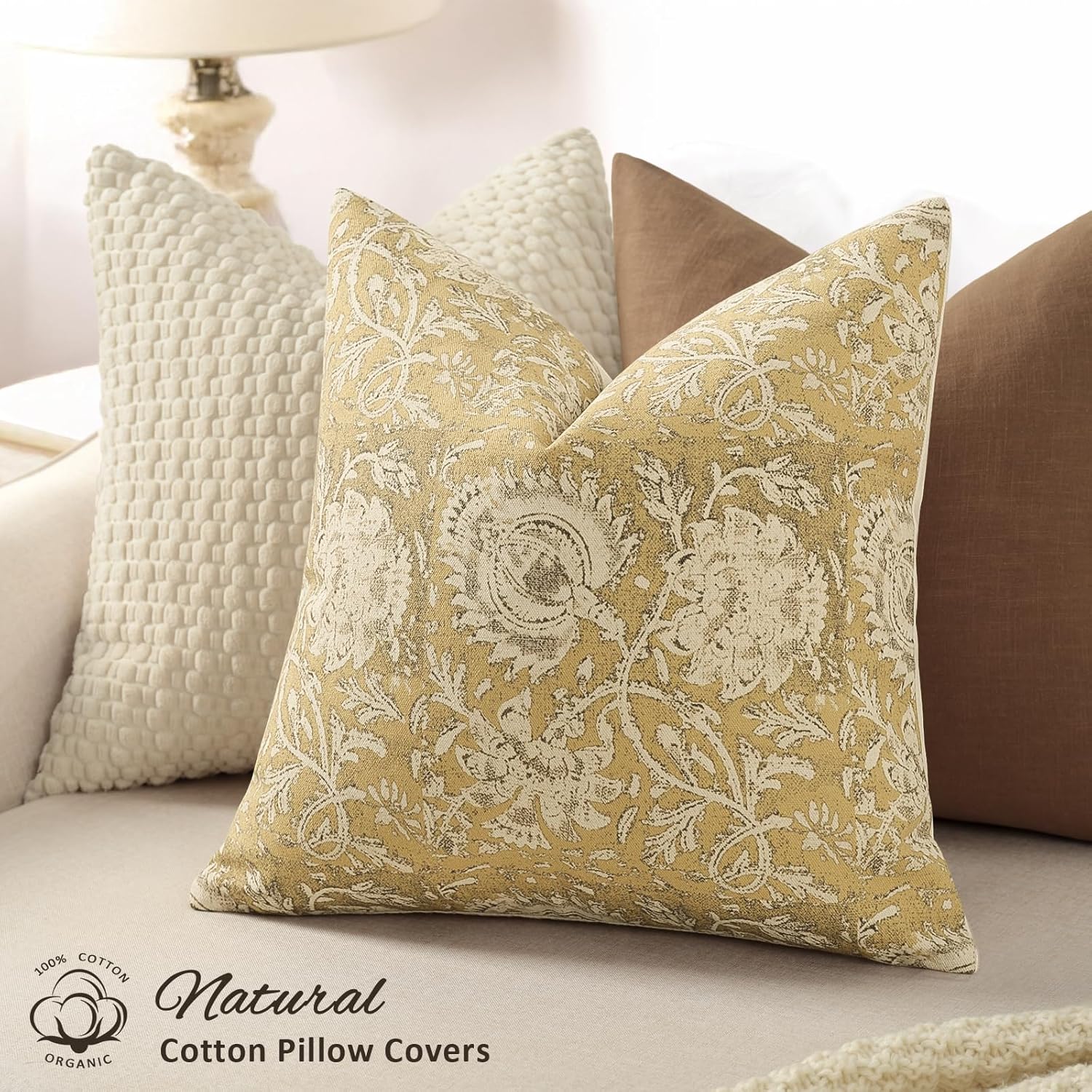 Vintage Floral Print Throw Pillow Covers 18x18 Set of 2 Neutral Modern Farmhouse Pillowcases Accent Decorative Cushion Covers Boho Home Decor for Couch Sofa Chair Bed Living Room, Yellow Yellow 18" x 18" (Pack of 2)