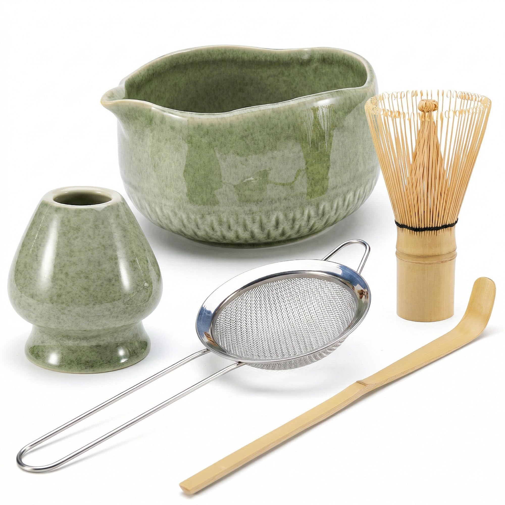 MiraFolk Matcha Set Whisk and Bowl – 5Pcs Ceremonial Grade Matcha Kit with Sieve, Bamboo Whisk, Holder, Scoop – Food-Grade Materials – Beautiful Handcrafted Design (Powder Not Included)