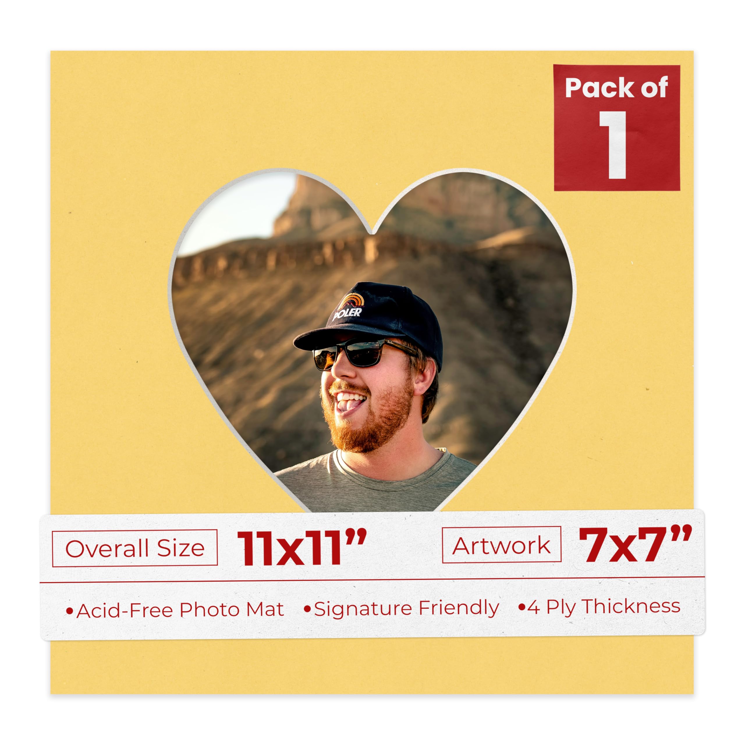 11x11 Mat Bevel Cut for 7x7 Photos - Precut Chamois Yellow Heart Shaped Photo Mat Board Opening - Acid Free Matte to Protect Your Pictures - Bevel Cut for Family Photos, Pack of 1 Matboard Show Kit-picture-26