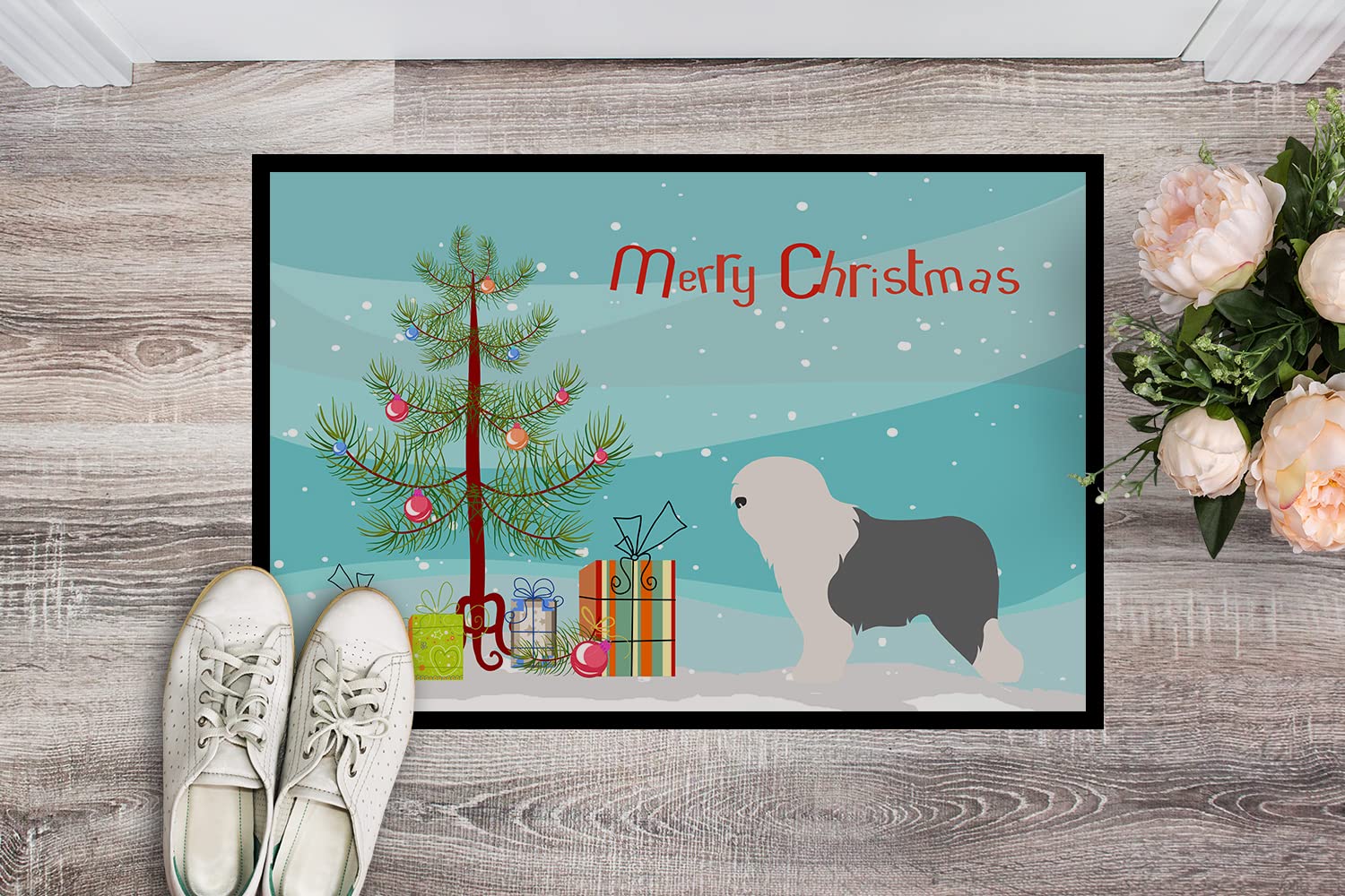 Caroline's Treasures BB8456JMAT Old English Sheepdog Bobtail Christmas Doormat 24x36 Front Door Mat Indoor Outdoor Rugs for Entryway, Non Slip Washable Low Pile, 24H X 36W